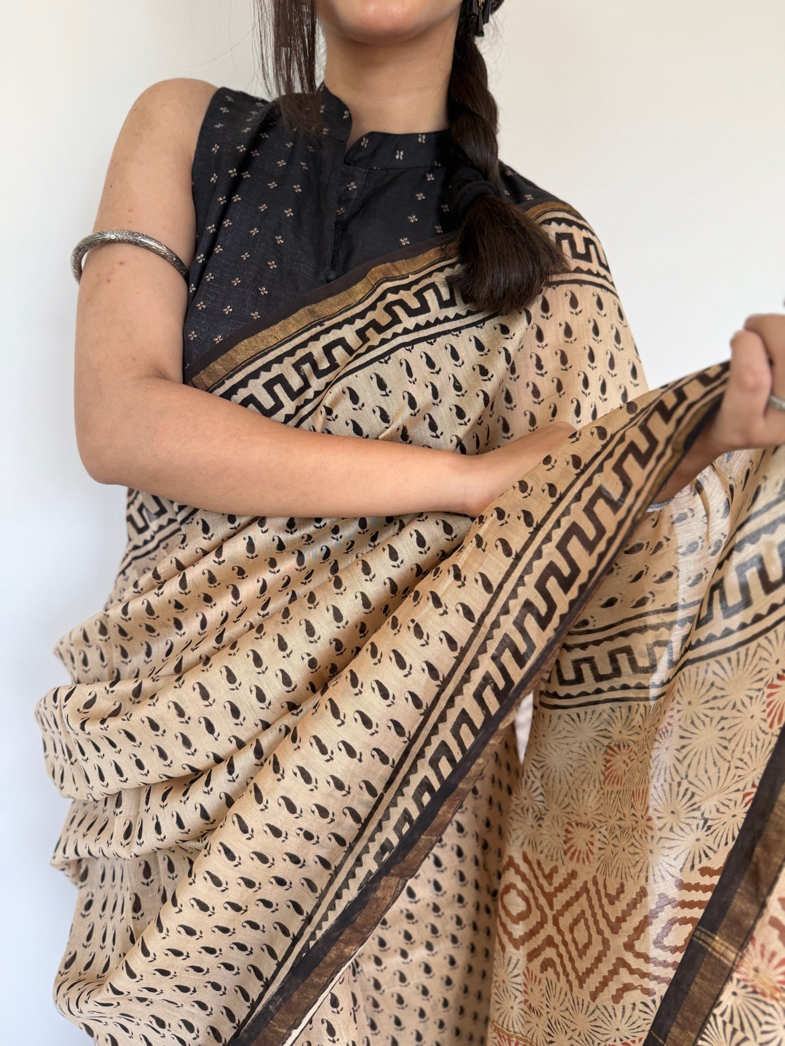 Ivory Beige Black Booti with Tribal Block Pallu Cotton  Silk Chanderi Saree