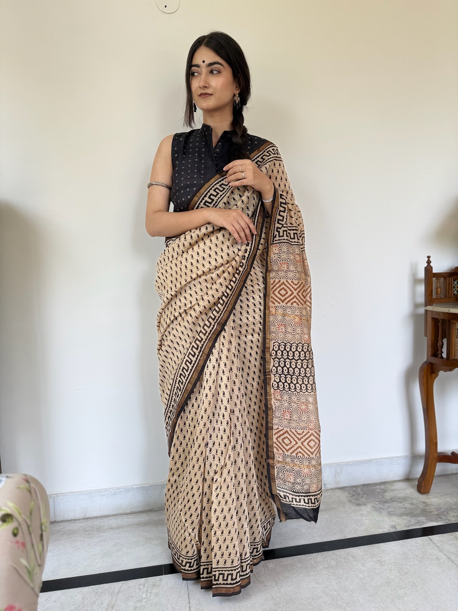 Ivory Beige Black Booti with Tribal Block Pallu Cotton  Silk Chanderi Saree