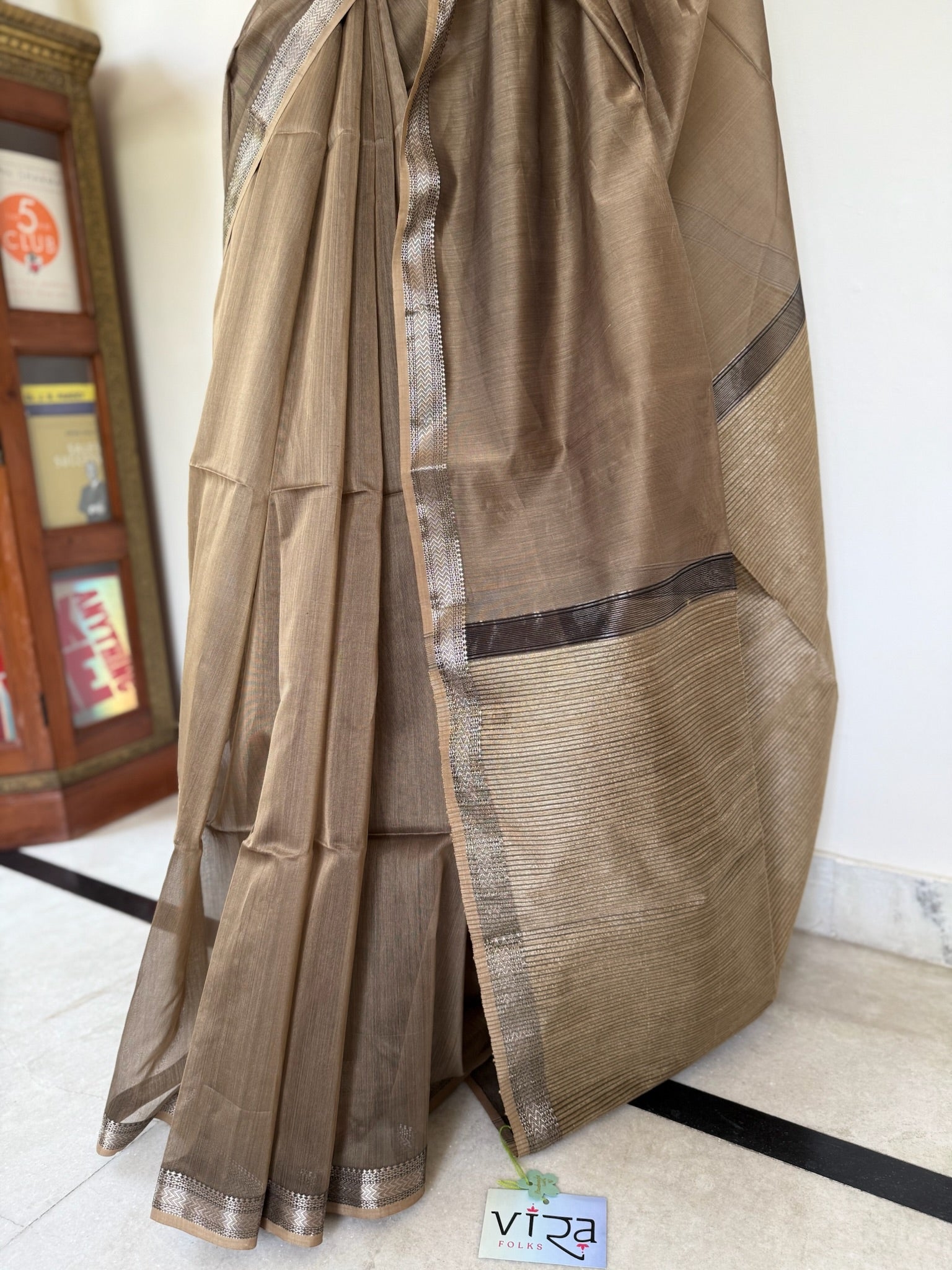 Mouse Beige Black Cotton Silk Maheshwari Saree