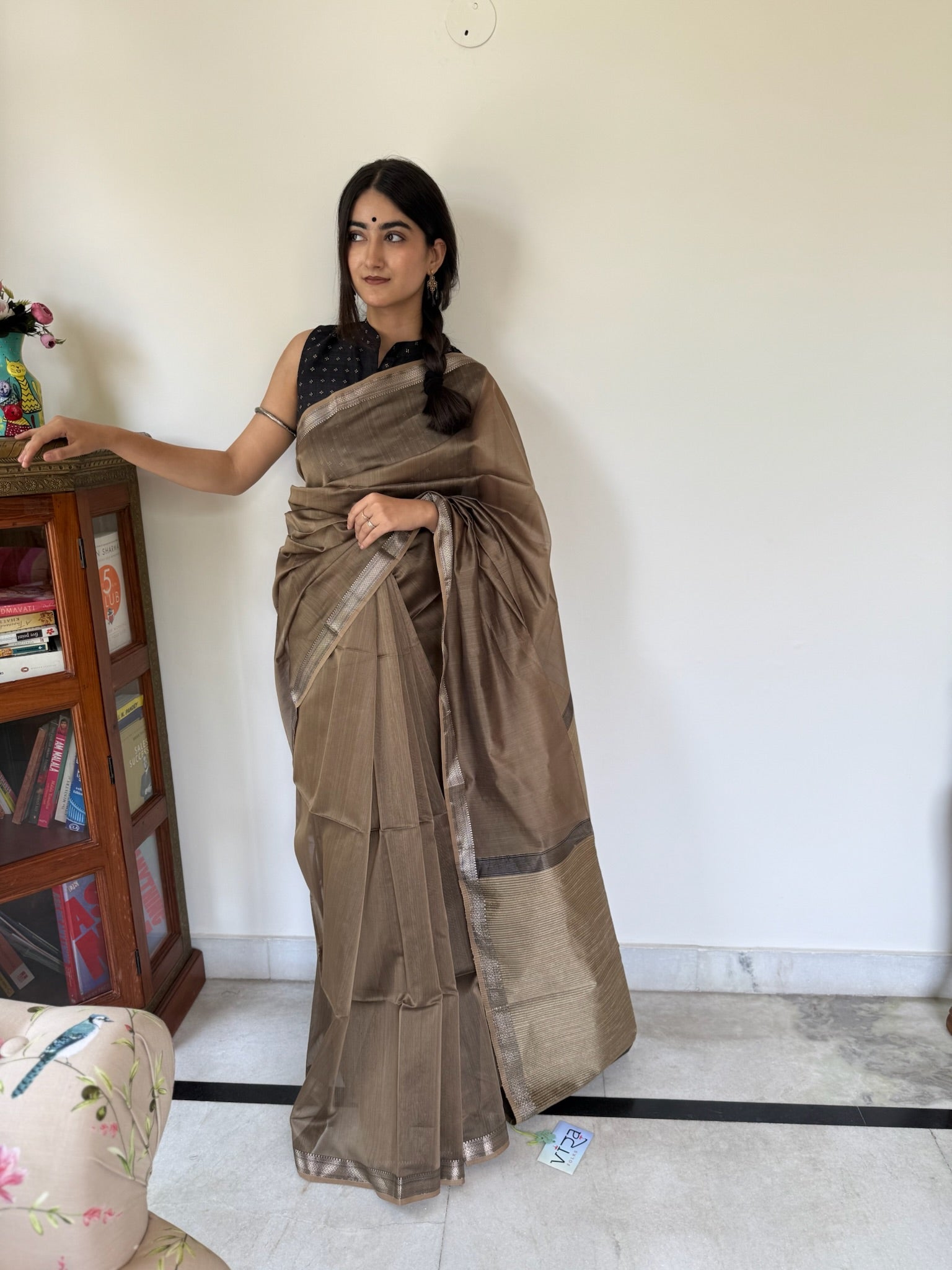 Mouse Beige Black Cotton Silk Maheshwari Saree