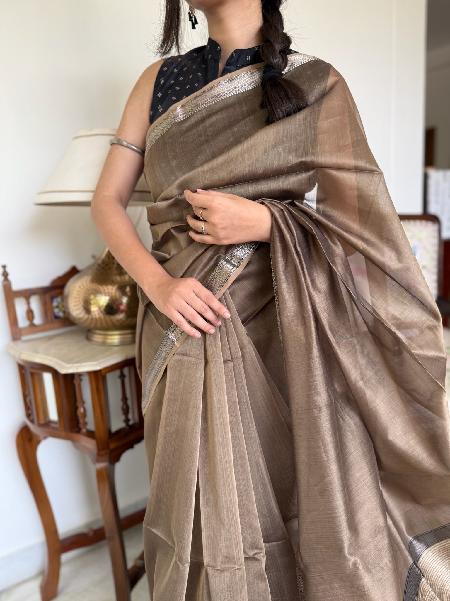 Mouse Beige Black Cotton Silk Maheshwari Saree