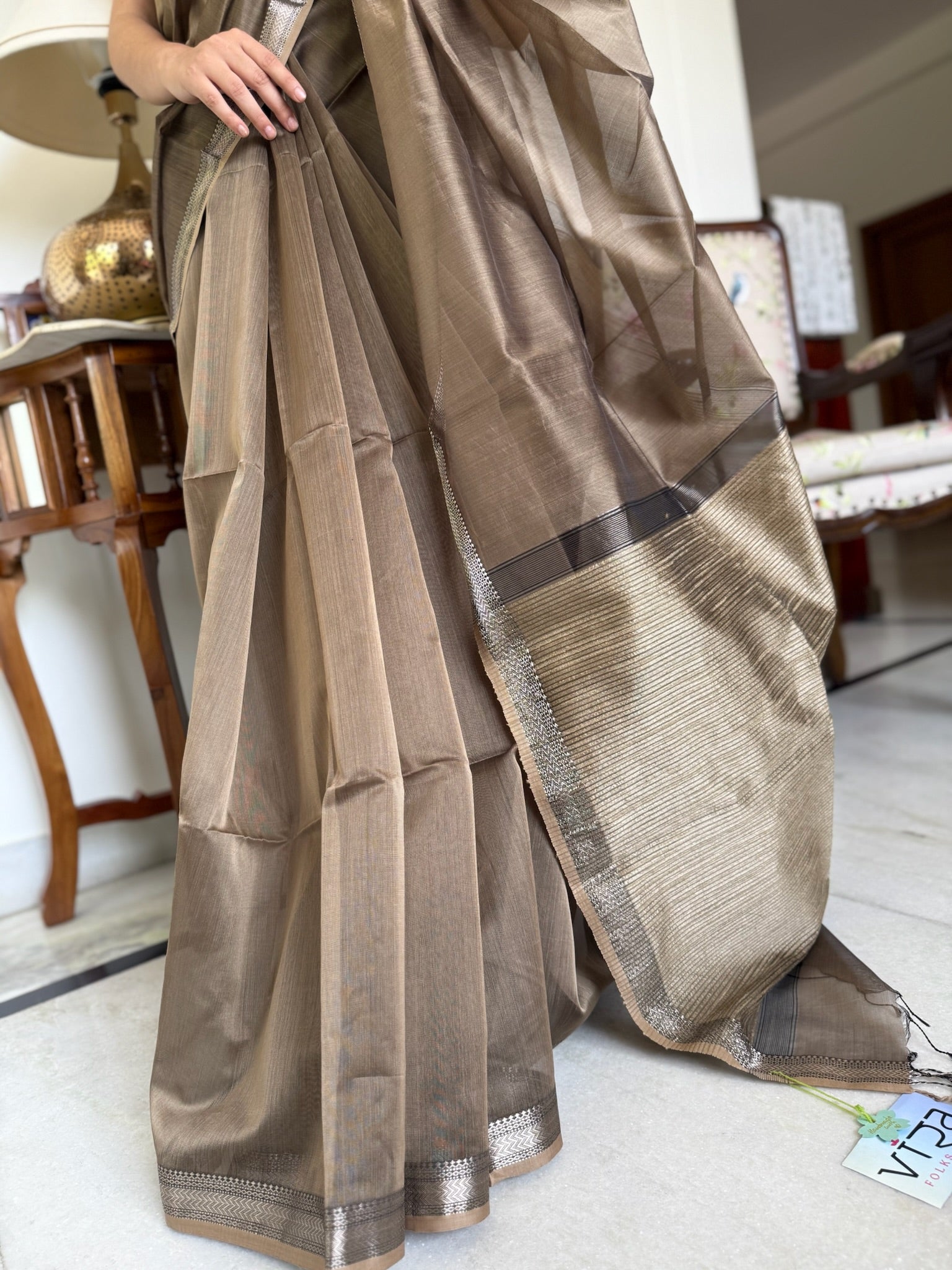 Mouse Beige Black Cotton Silk Maheshwari Saree