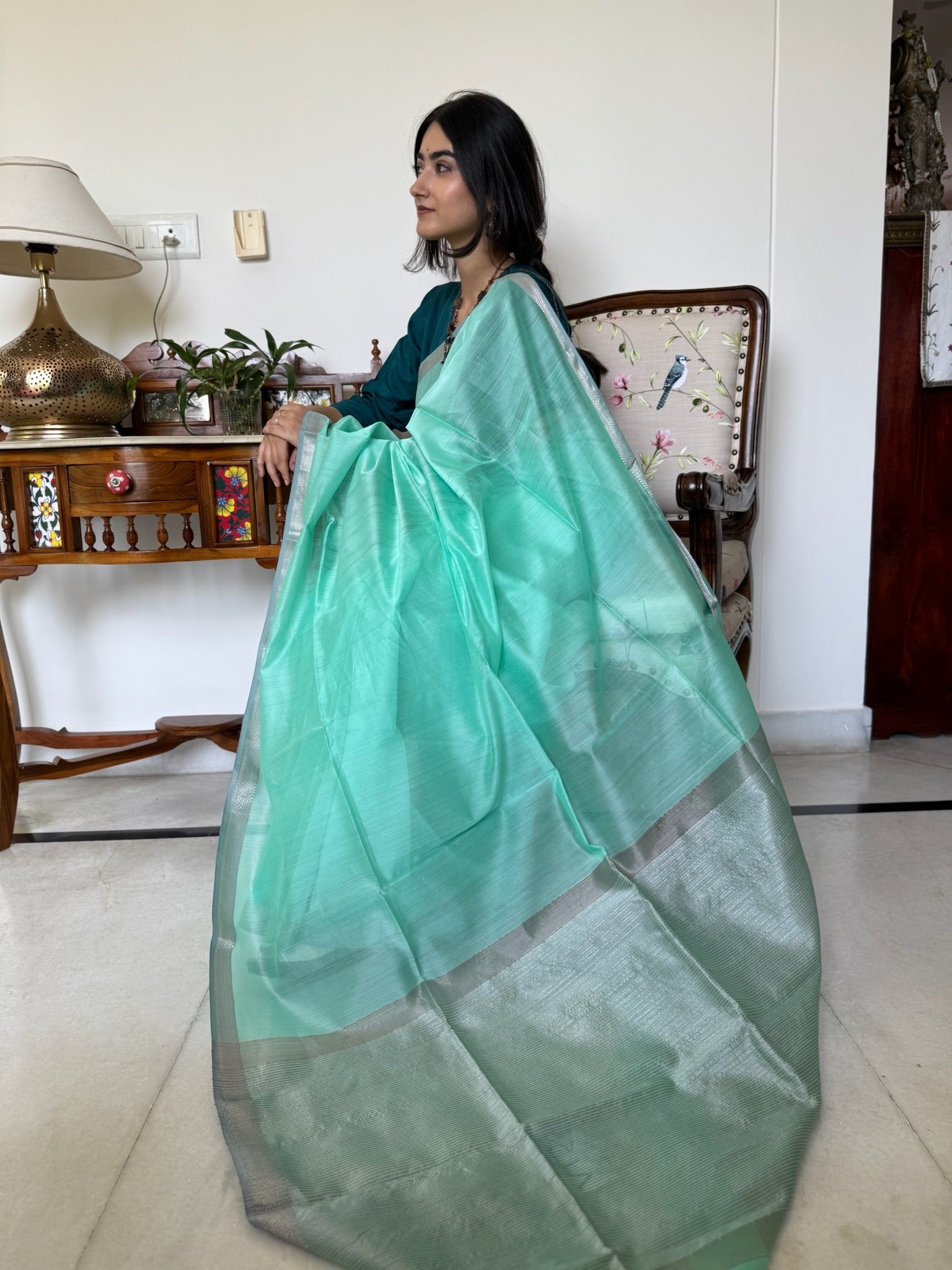 Mint Green With A Silver Border Cotton Silk Maheshwari Saree