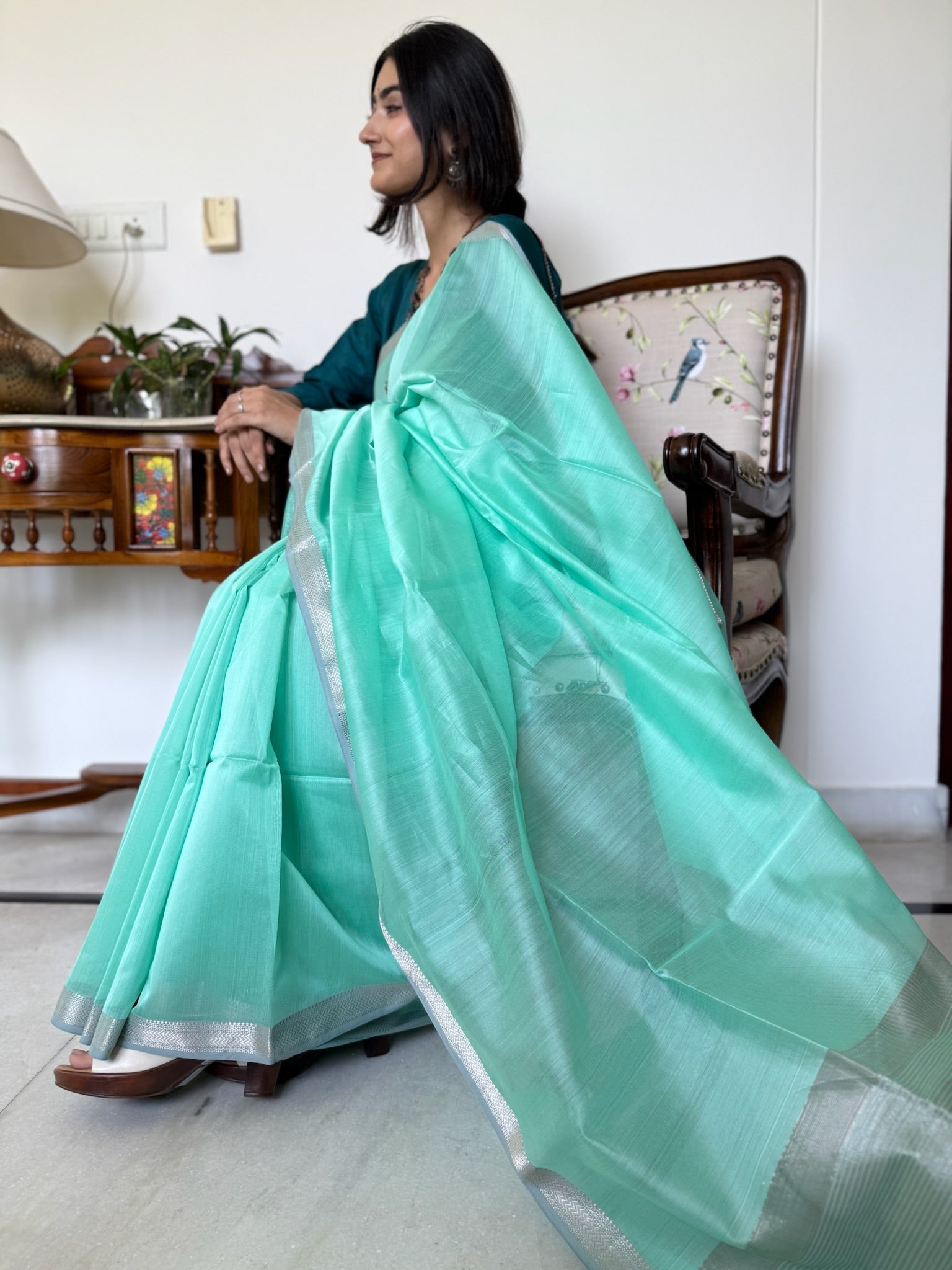 Mint Green With A Silver Border Cotton Silk Maheshwari Saree
