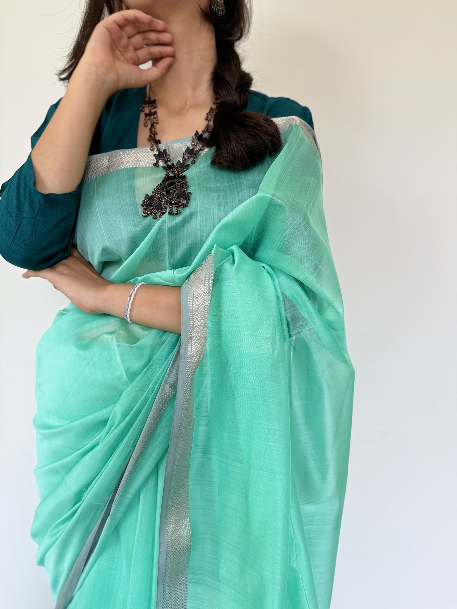 Mint Green With A Silver Border Cotton Silk Maheshwari Saree