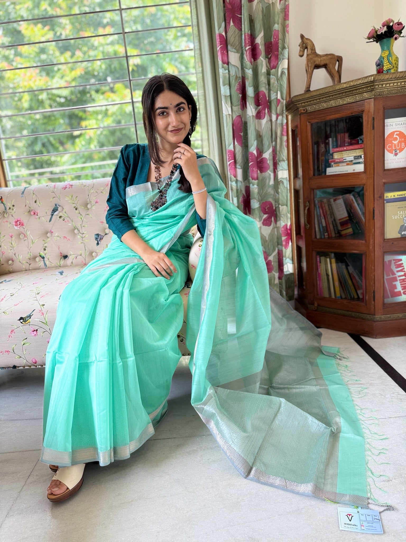 Mint Green With A Silver Border Cotton Silk Maheshwari Saree
