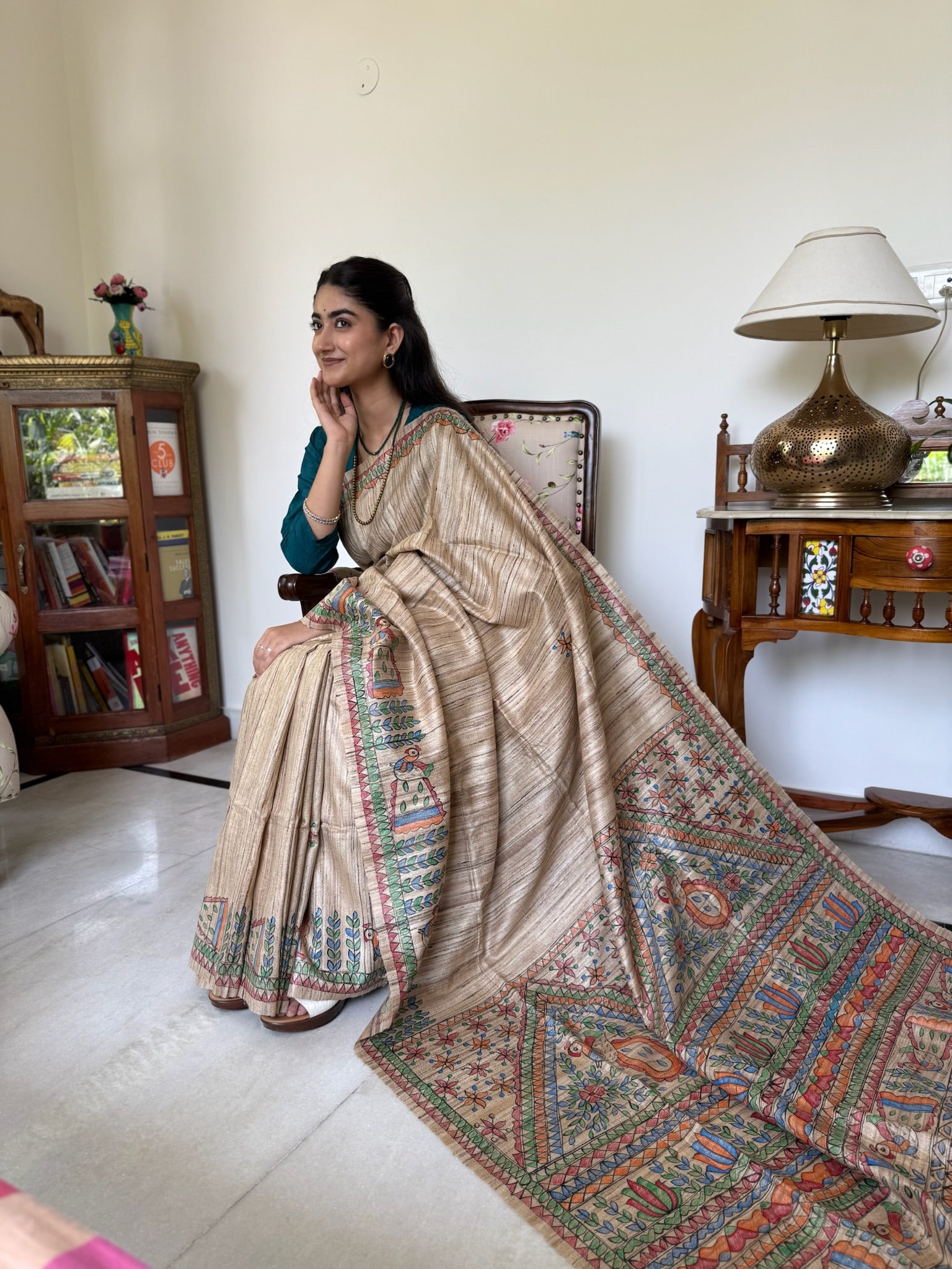 Classic Beige Handpainted Madhubani Tussar Silk Saree