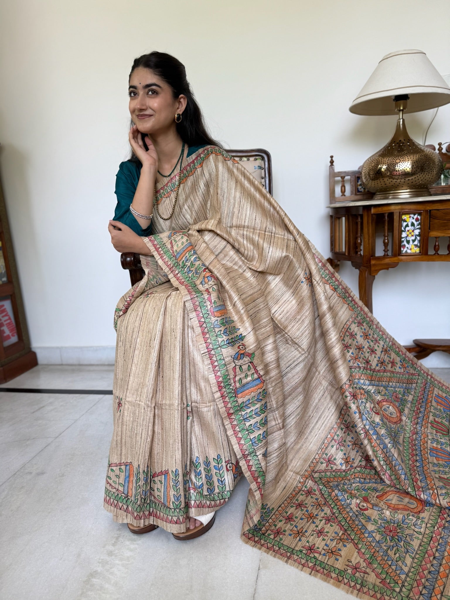 Classic Beige Handpainted Madhubani Tussar Silk Saree
