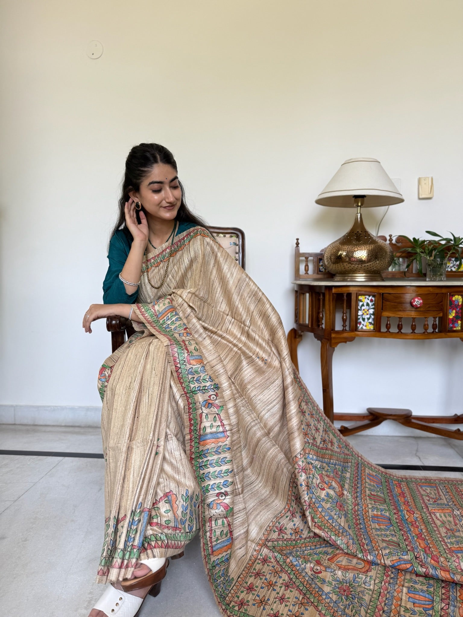 Classic Beige Handpainted Madhubani Tussar Silk Saree