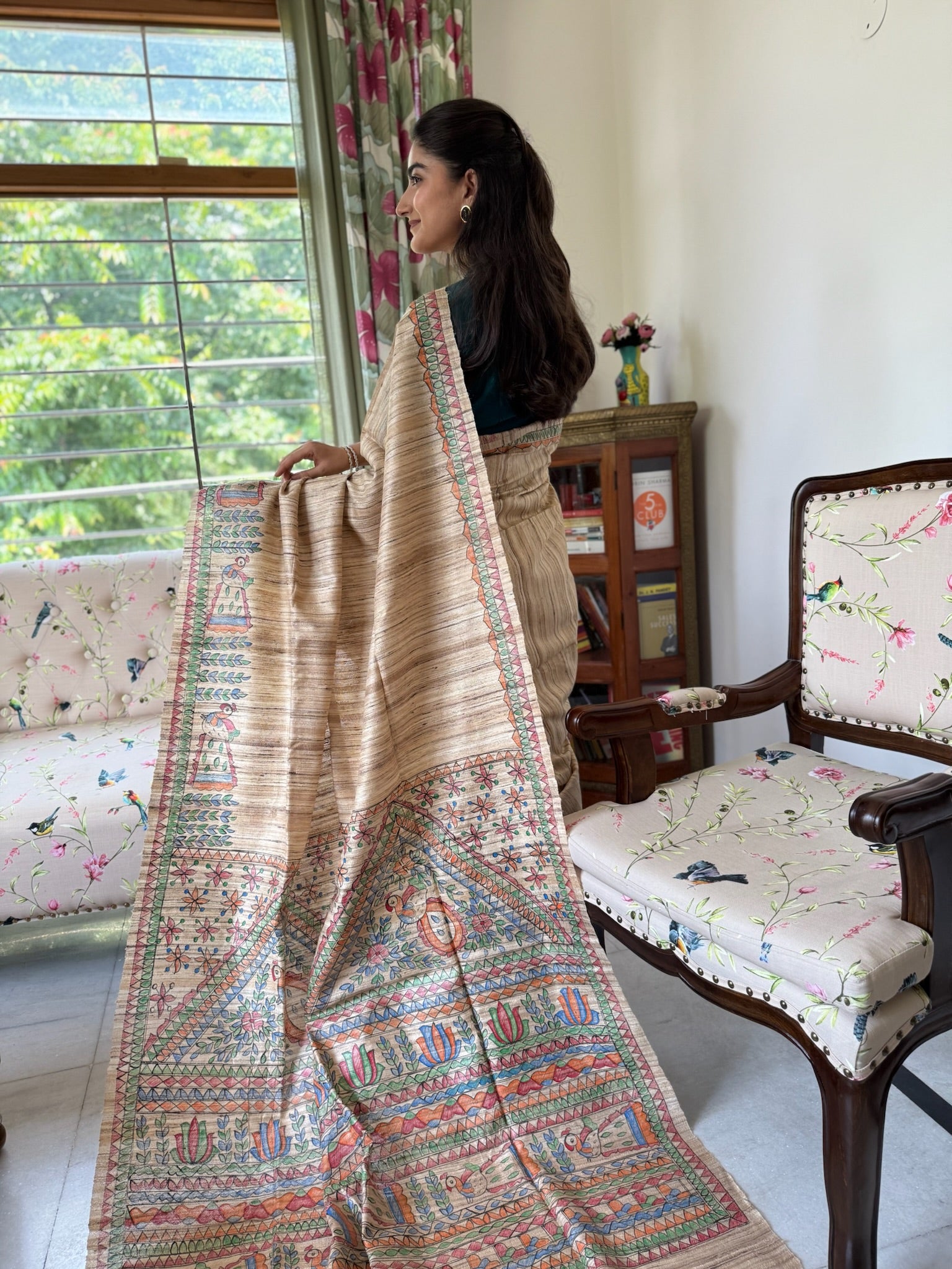 Classic Beige Handpainted Madhubani Tussar Silk Saree