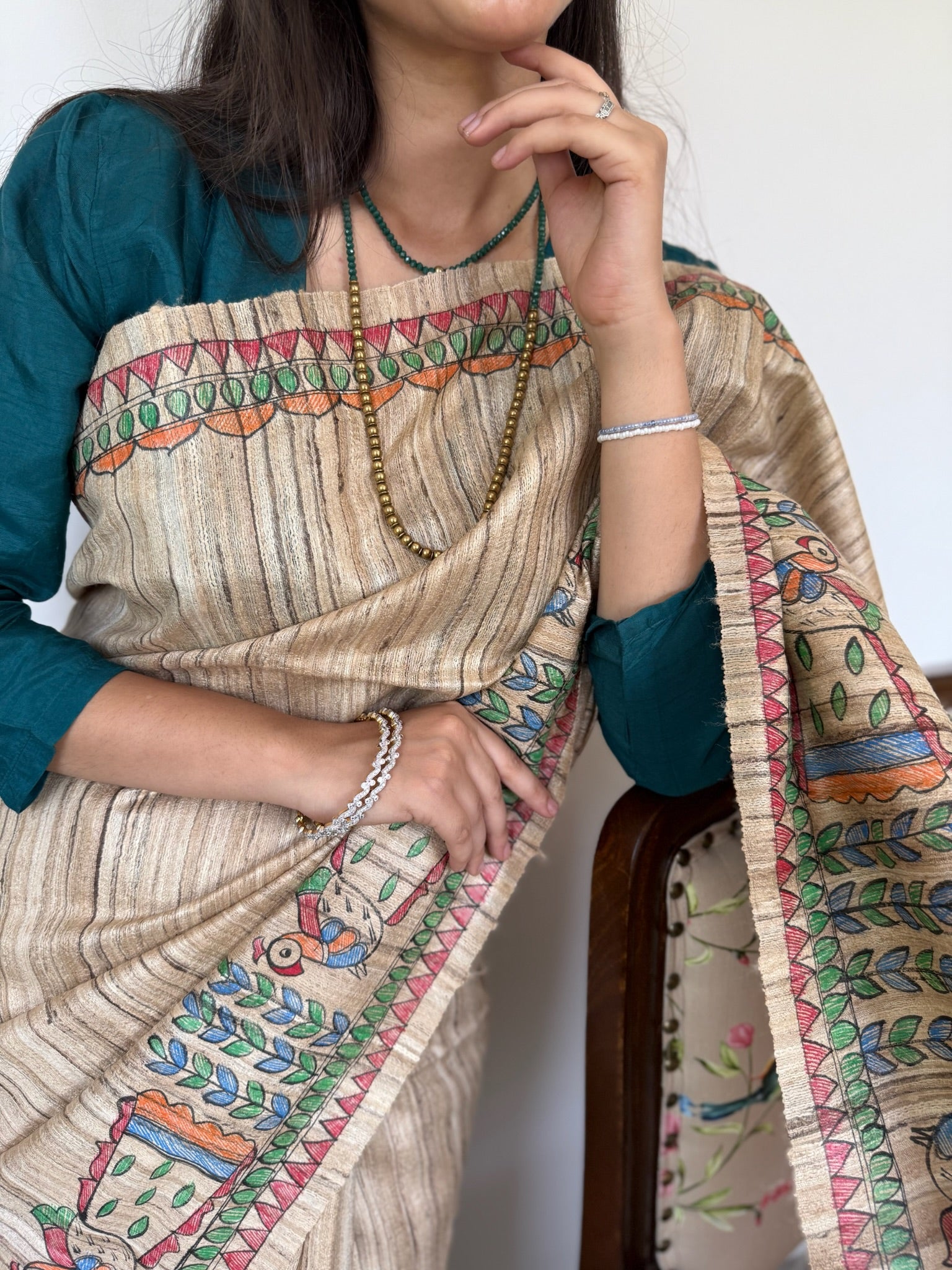 Classic Beige Handpainted Madhubani Tussar Silk Saree