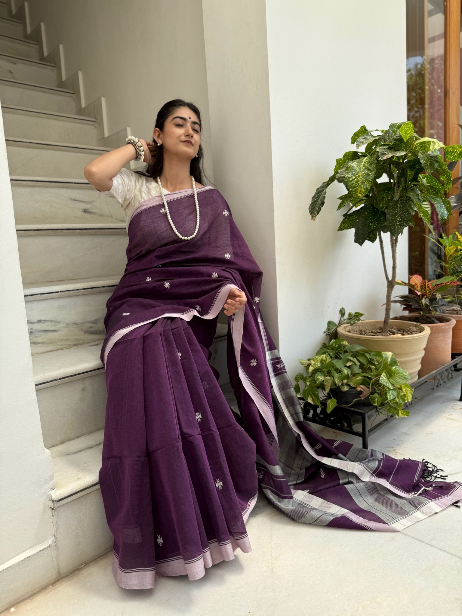 Plum Orchid With Silver Whisper Pure Cotton Jamdani Saree