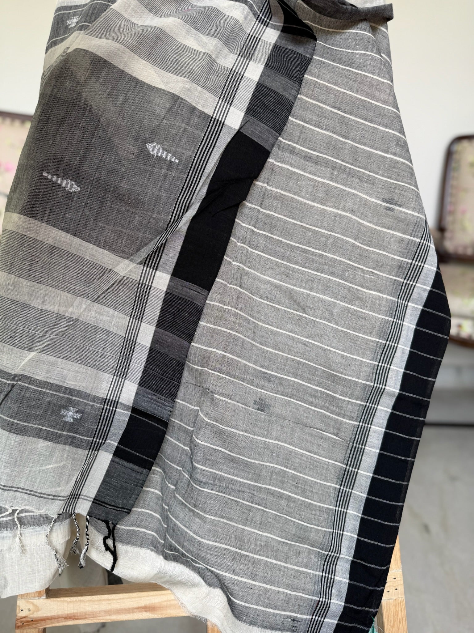 Buttercream Elegance With Charcoal Stripes Pure Cotton Jamdani Saree