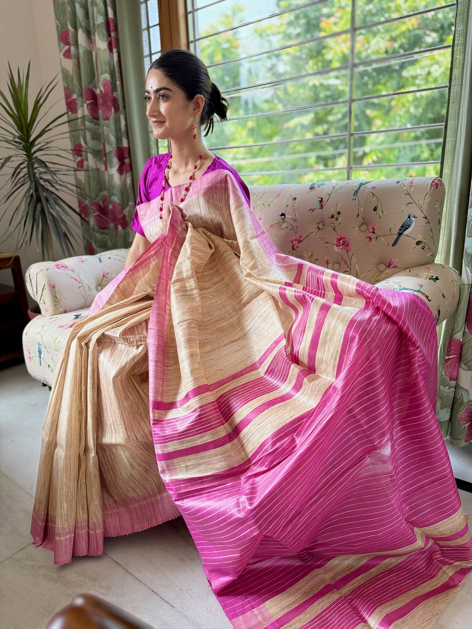 Classic Beige Pink Pure Tussar Silk Saree