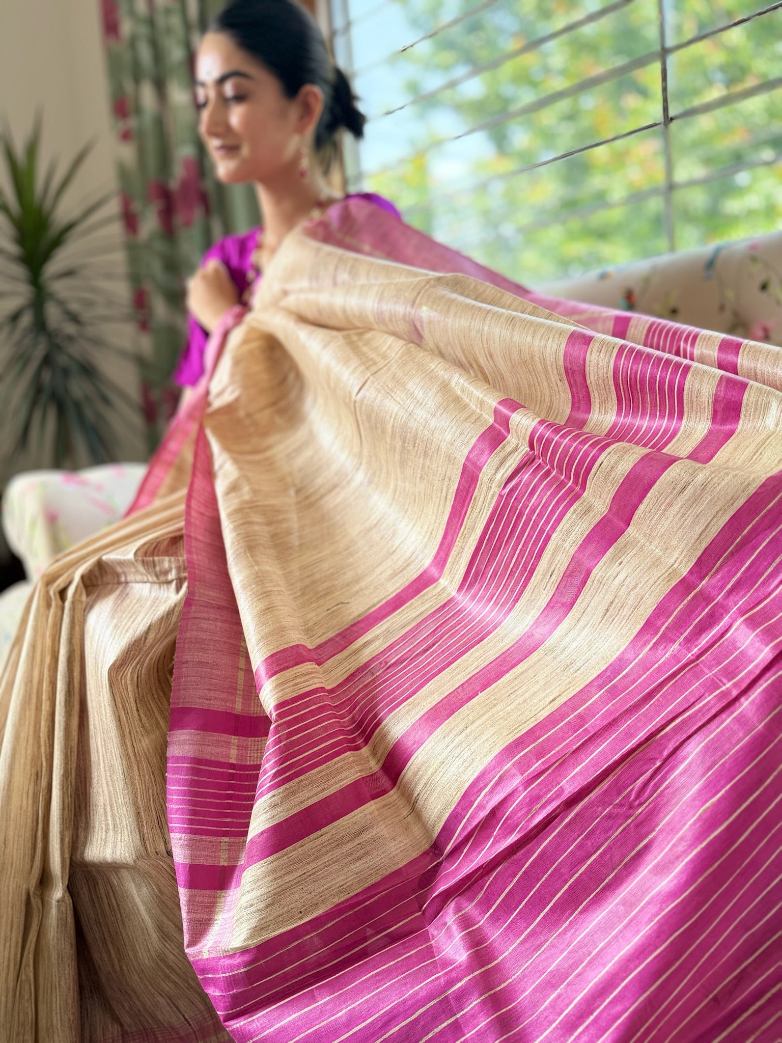 Classic Beige Pink Pure Tussar Silk Saree