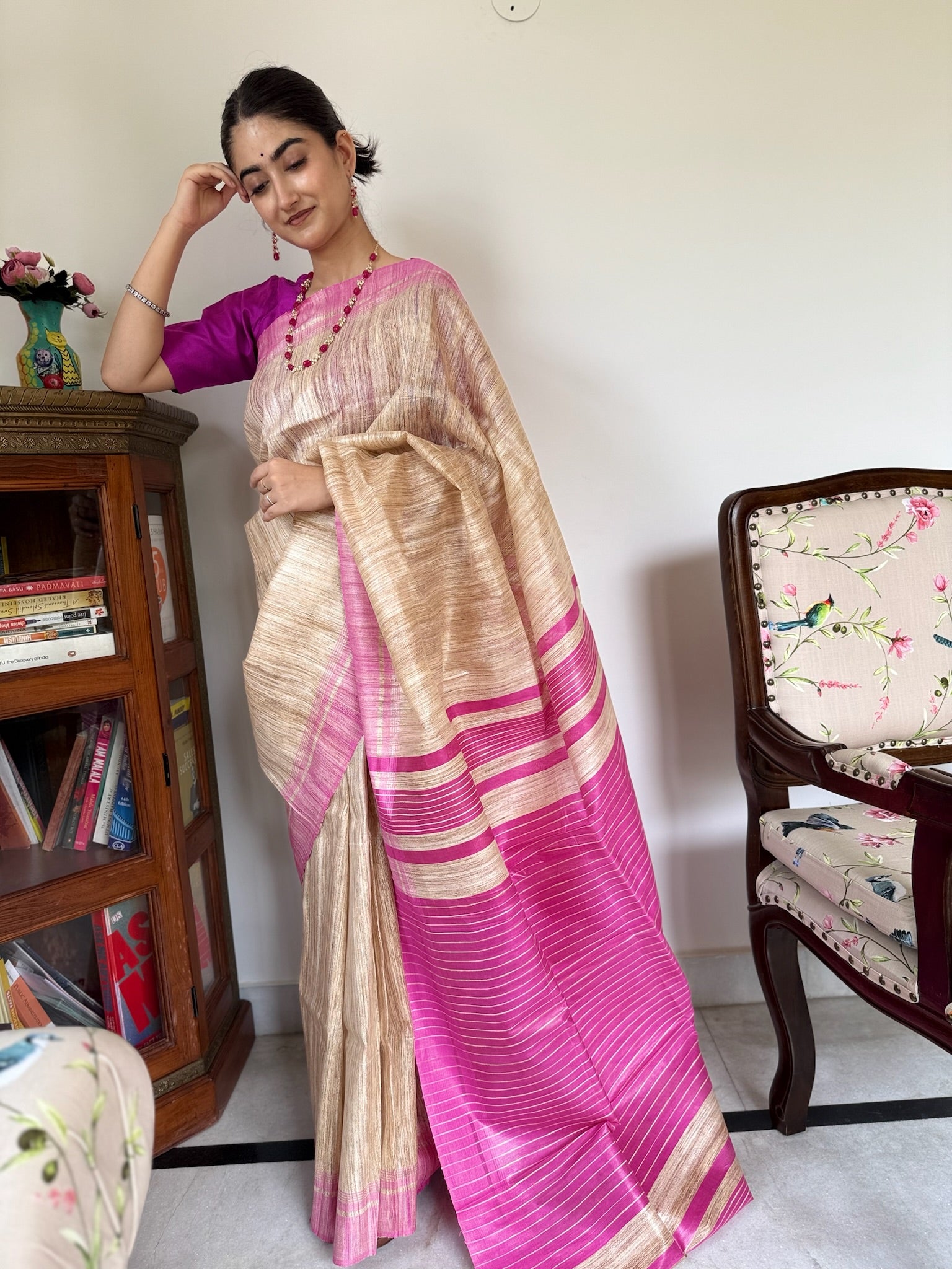 Classic Beige Pink Pure Tussar Silk Saree