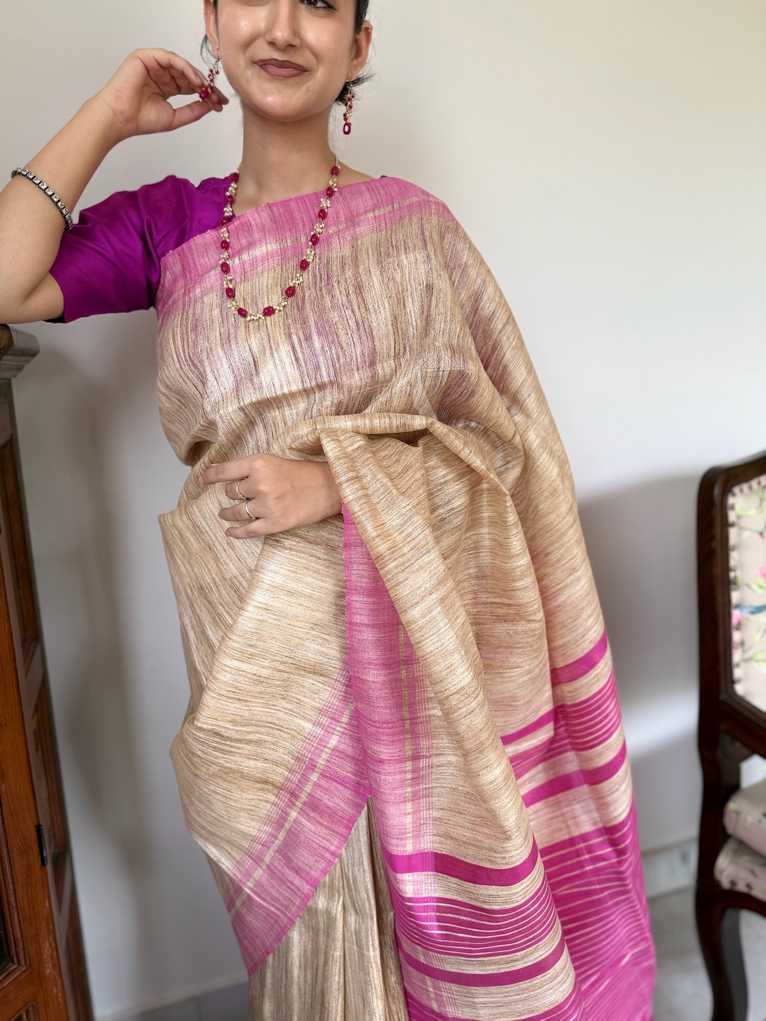 Classic Beige Pink Pure Tussar Silk Saree