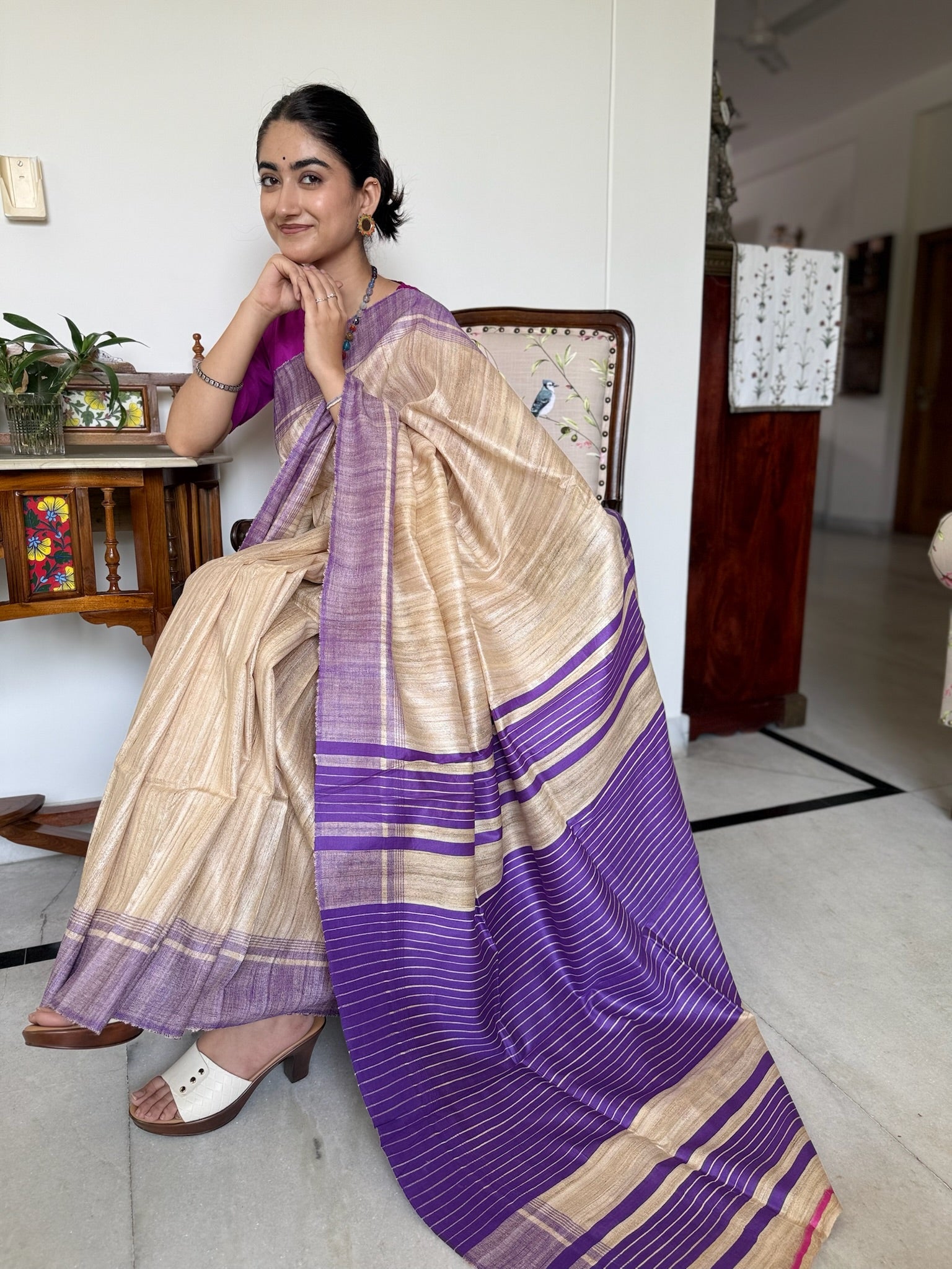 Classic Beige Purple Pure Tussar Silk Saree