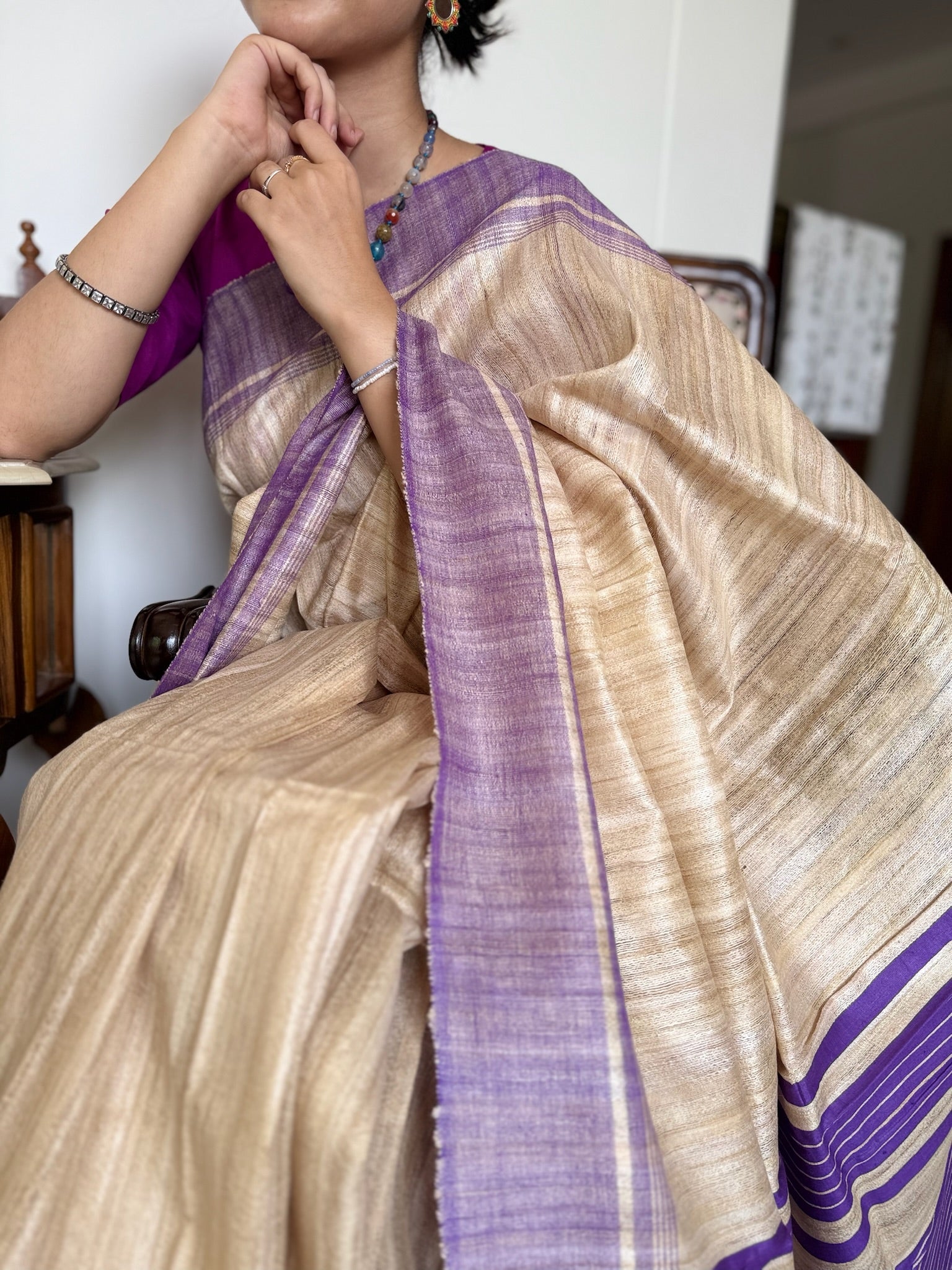 Classic Beige Purple Pure Tussar Silk Saree