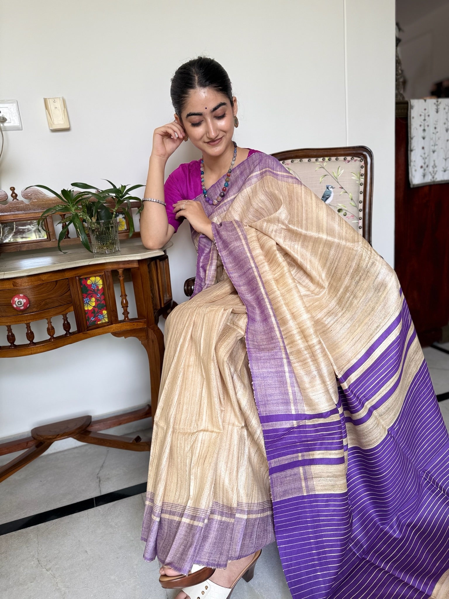 Classic Beige Purple Pure Tussar Silk Saree