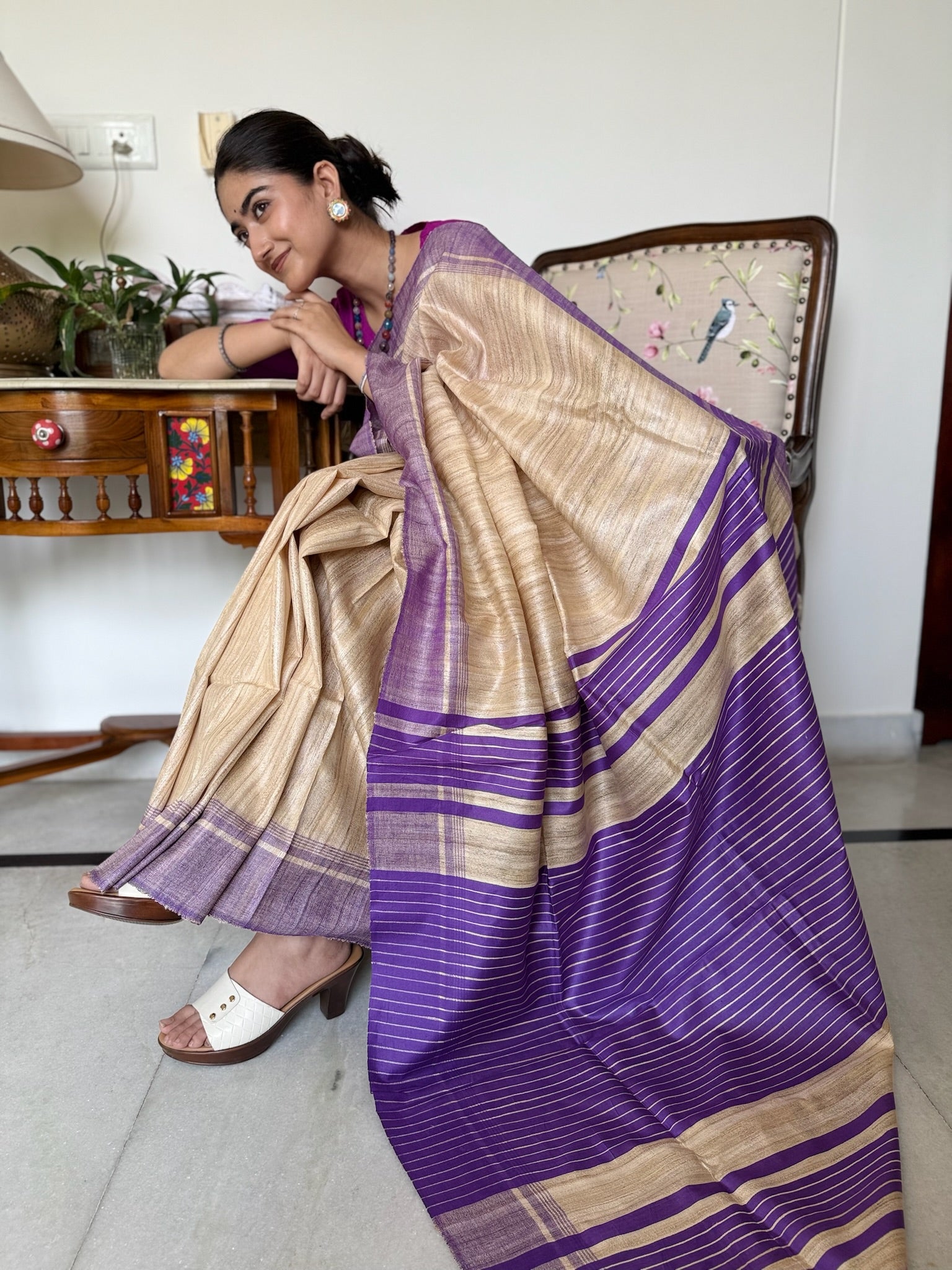 Classic Beige Purple Pure Tussar Silk Saree