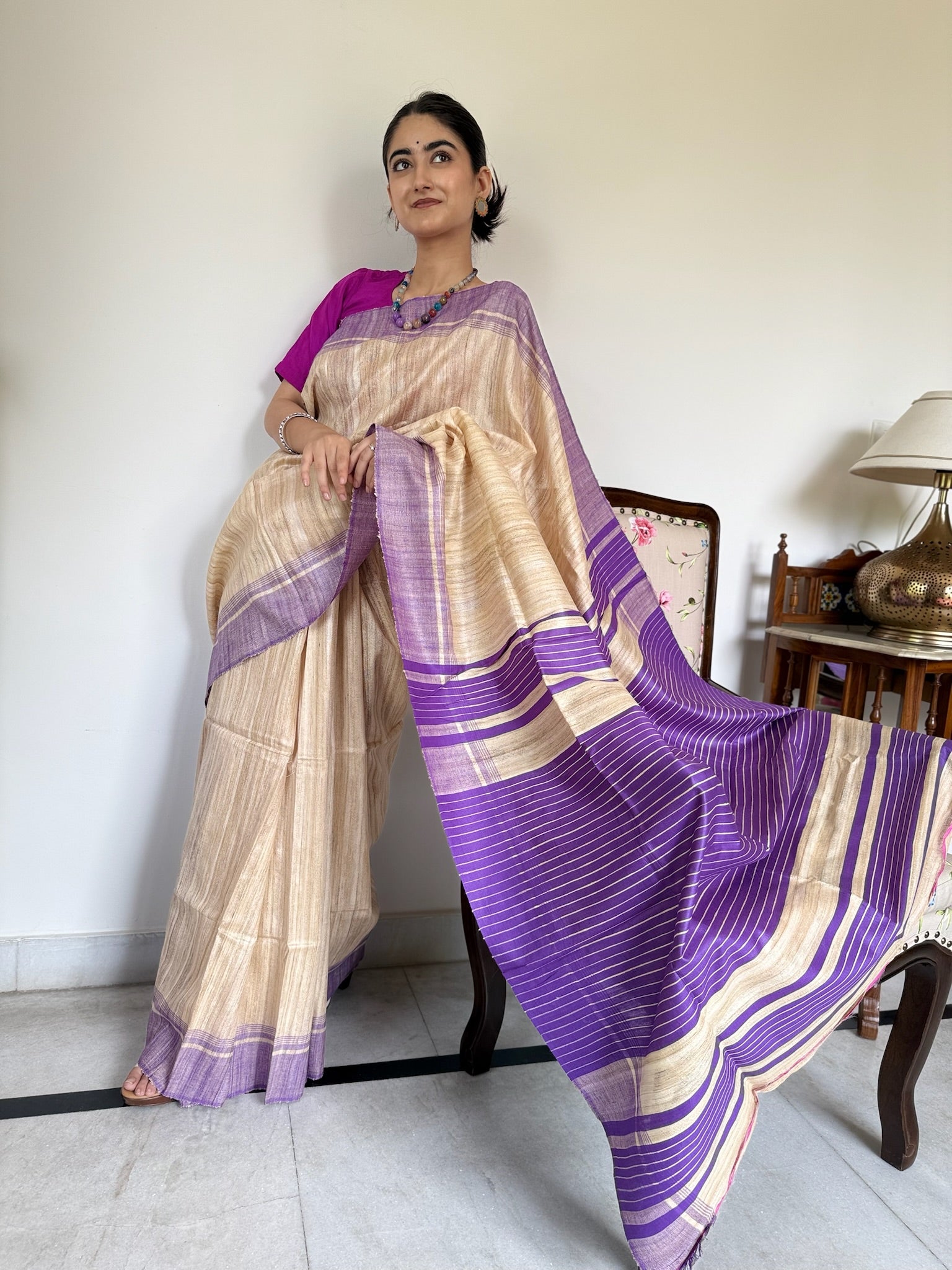 Classic Beige Purple Pure Tussar Silk Saree