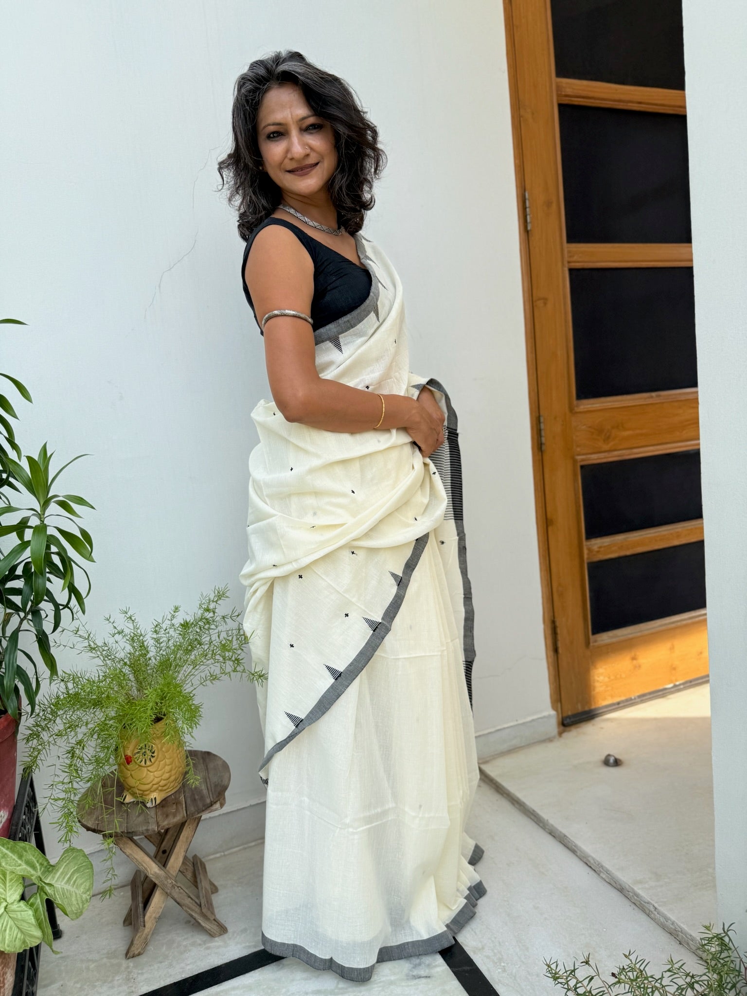 White And Black With Small Buti Pure Cotton Saree