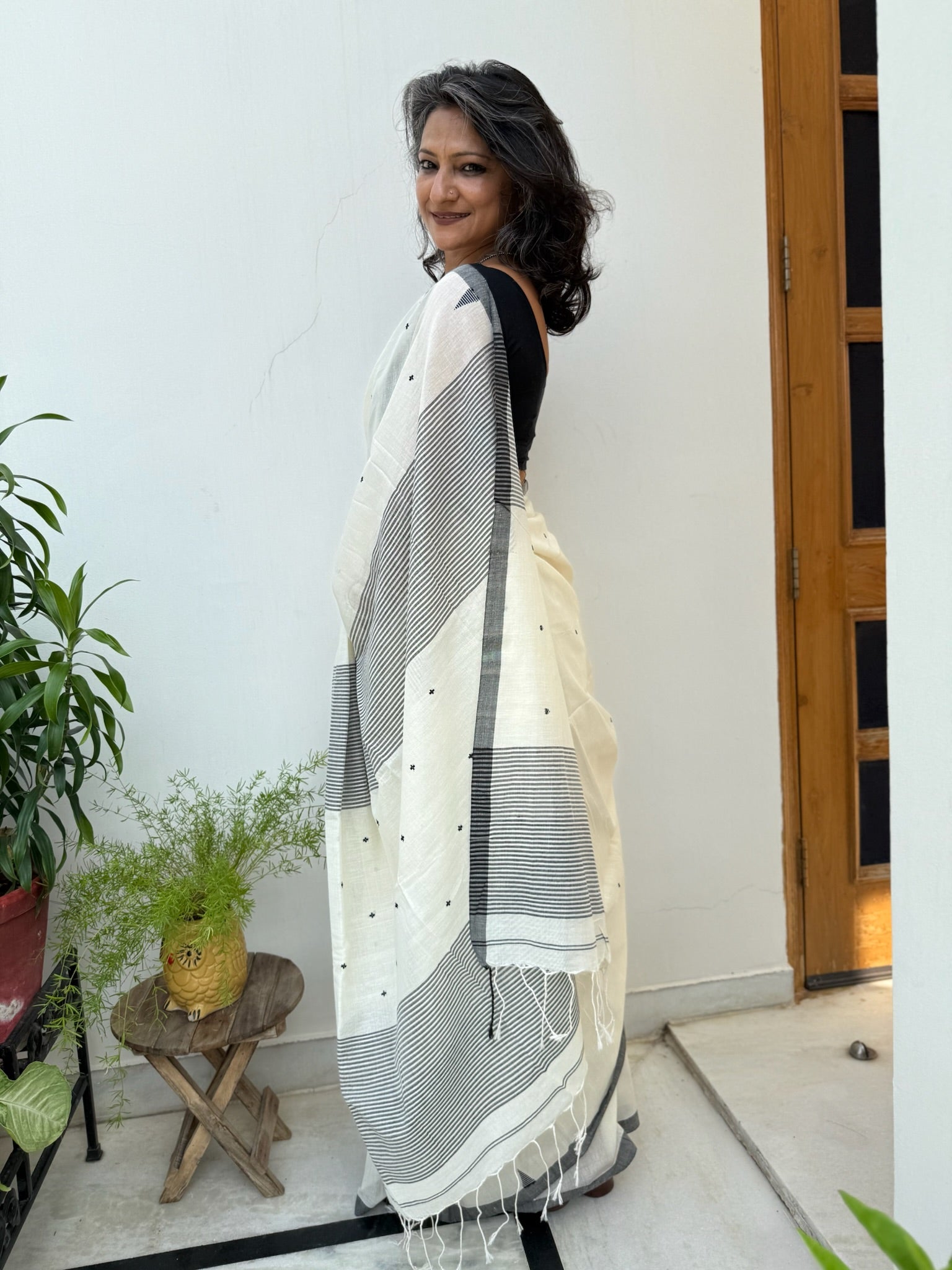 White And Black With Small Buti Pure Cotton Saree