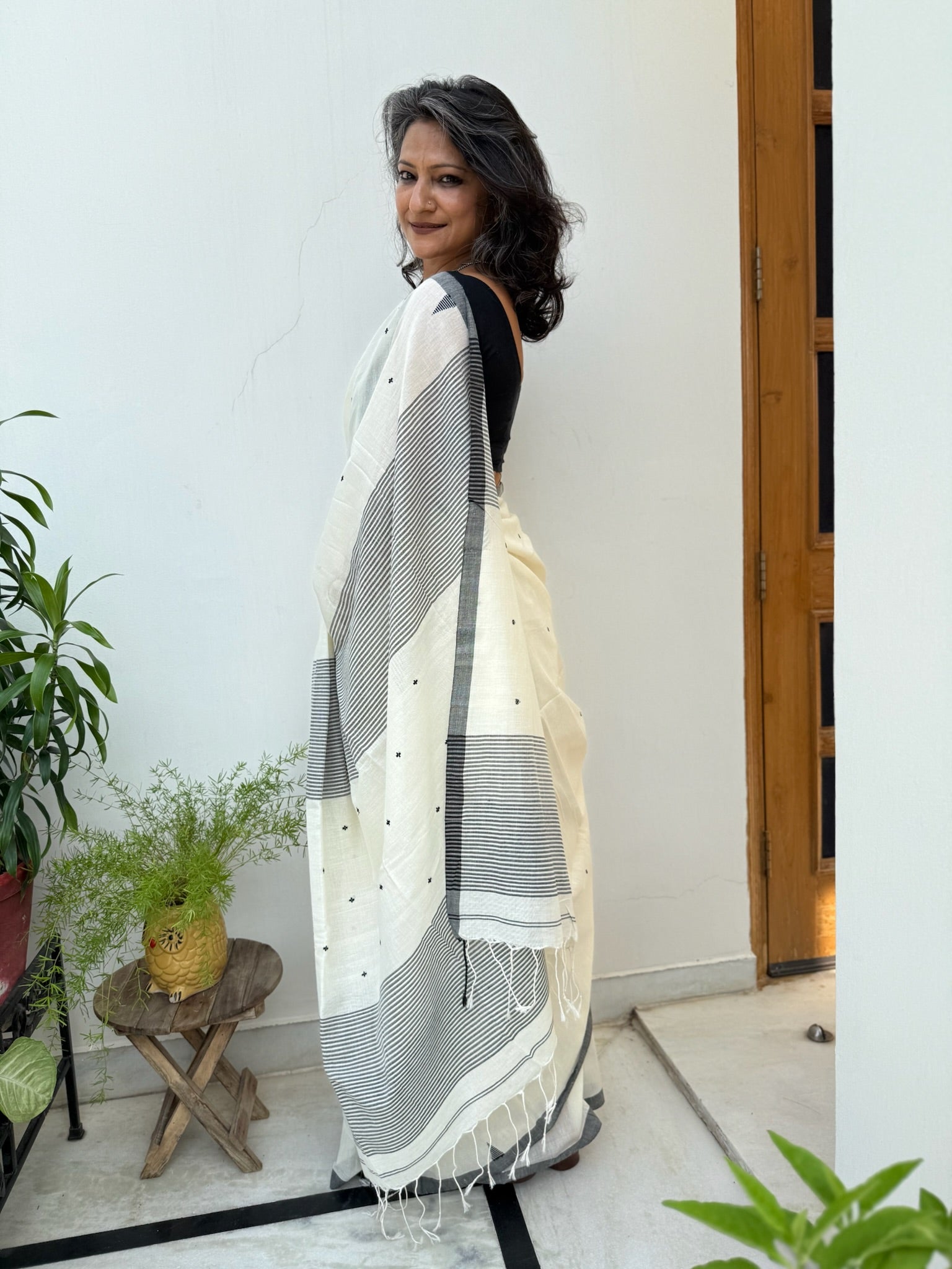 White And Black With Small Buti Pure Cotton Saree