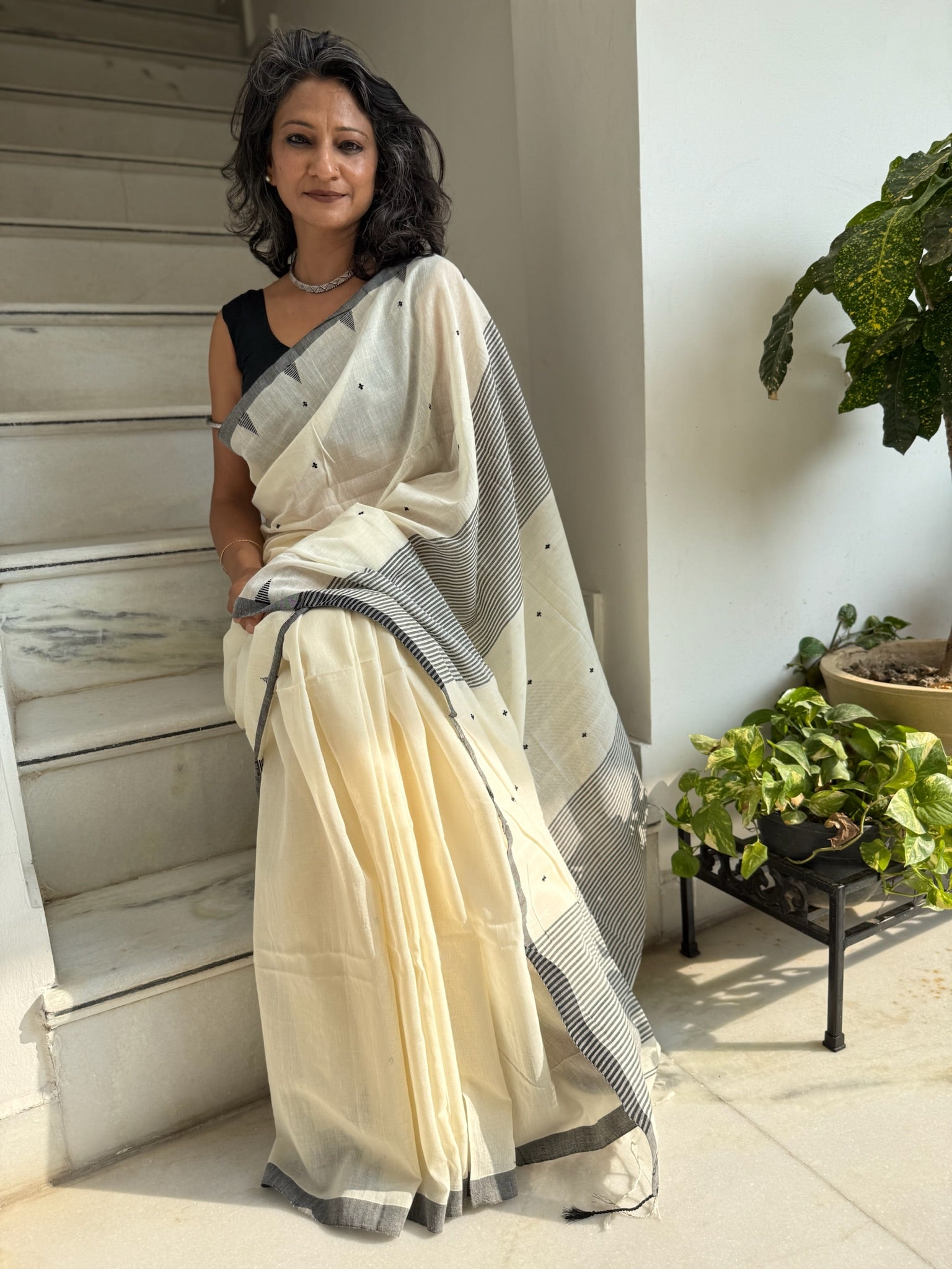 White And Black With Small Buti Pure Cotton Saree