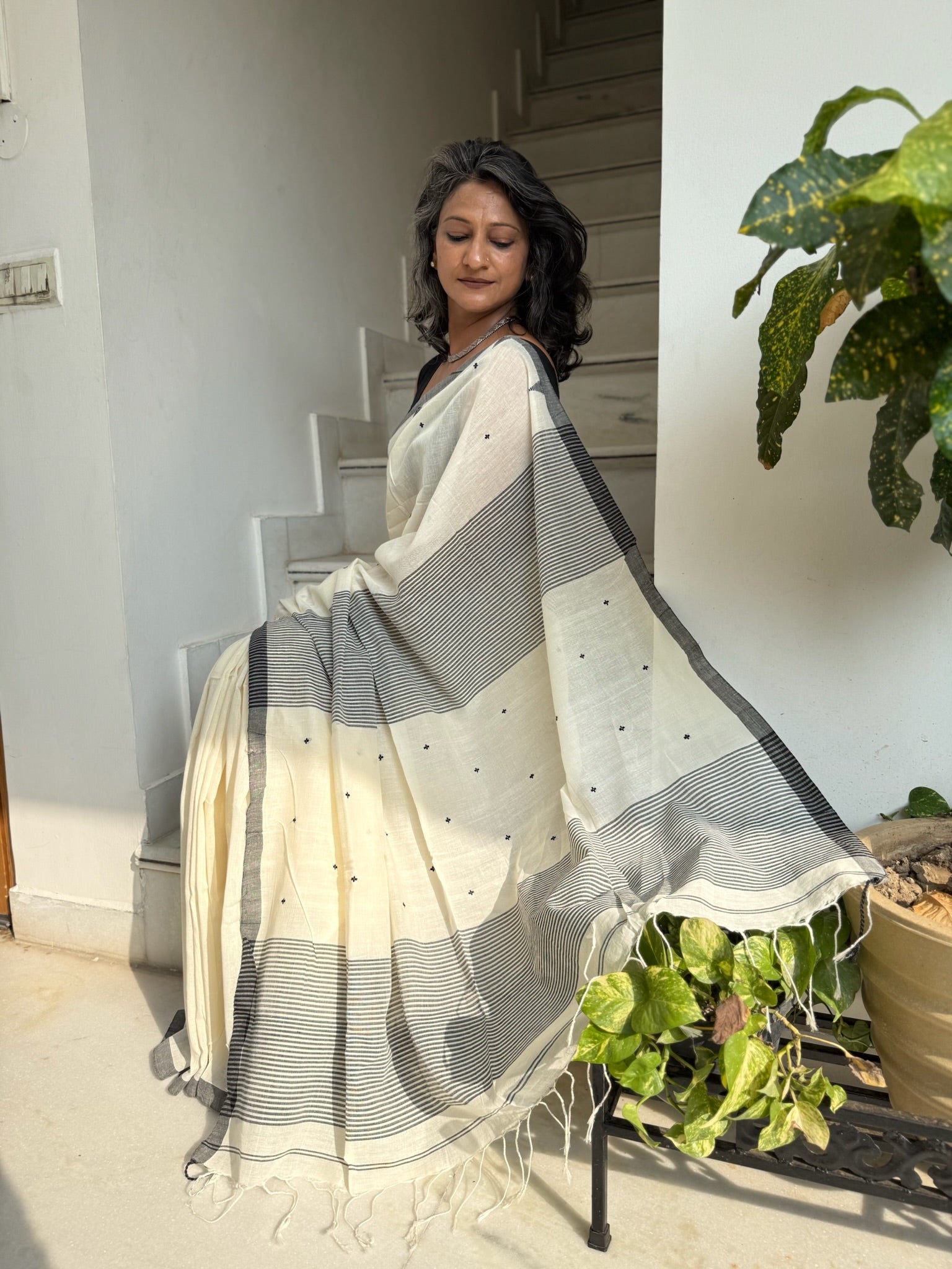 White And Black With Small Buti Pure Cotton Saree