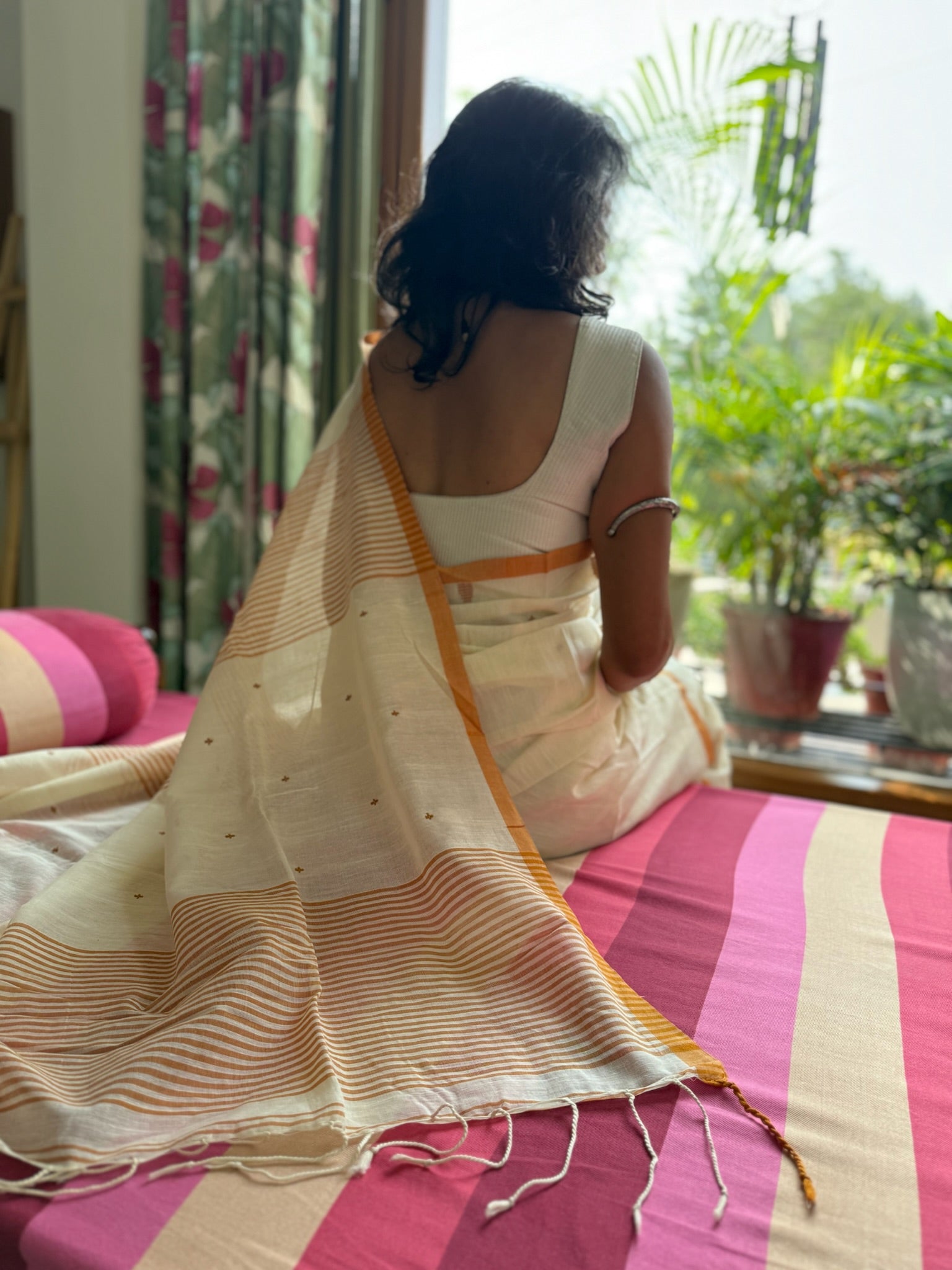 Cream And Brown With Small Buti Pure Cotton Saree