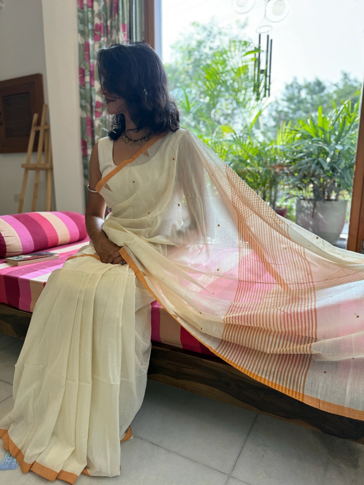 Cream And Brown With Small Buti Pure Cotton Saree