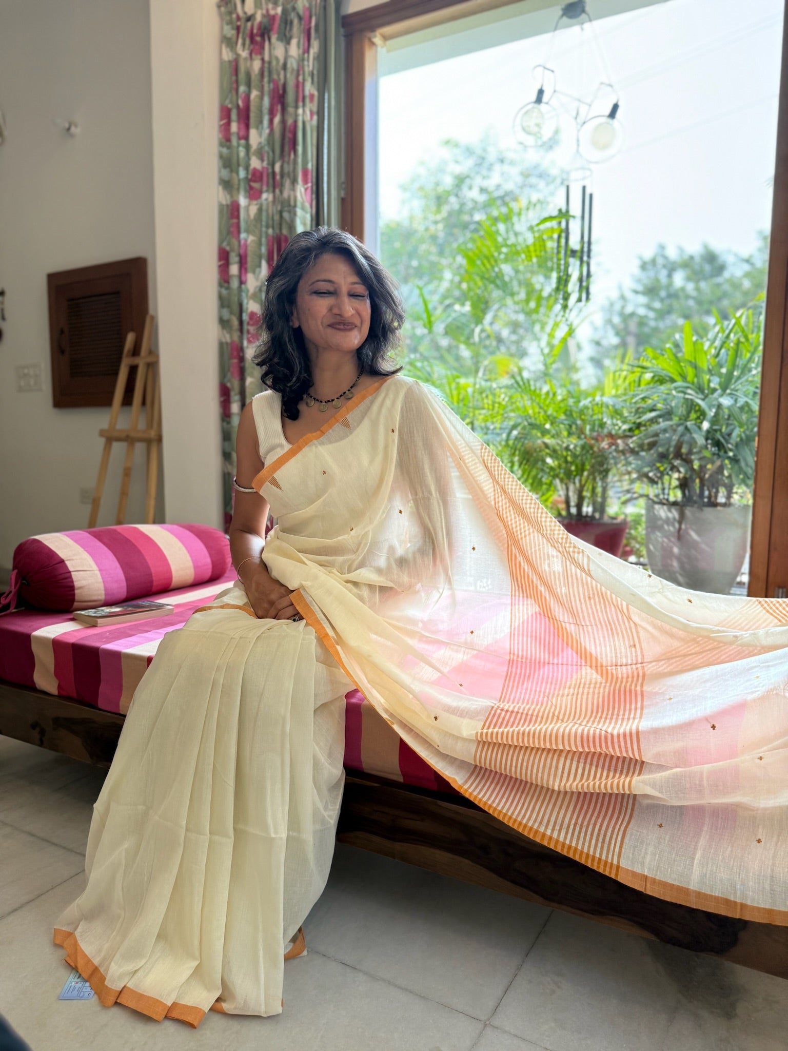 Cream And Brown With Small Buti Pure Cotton Saree