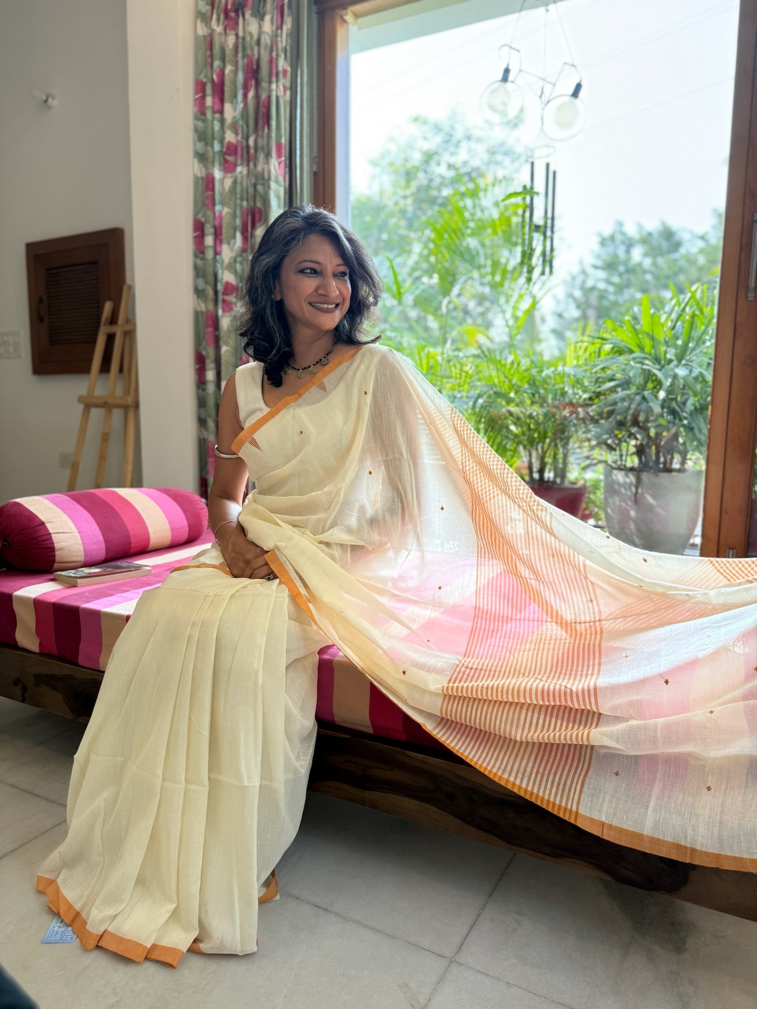 Cream And Brown With Small Buti Pure Cotton Saree