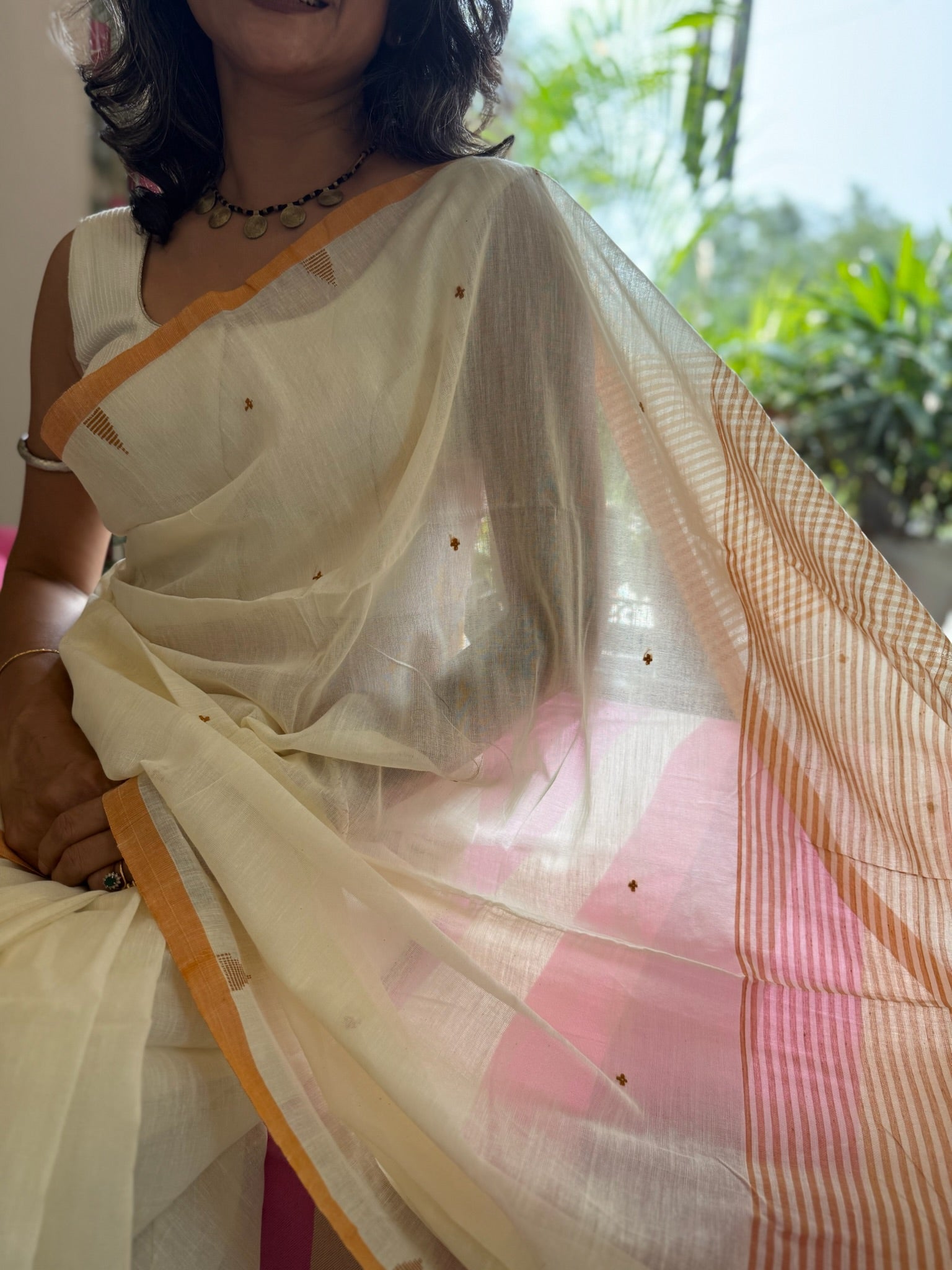 Cream And Brown With Small Buti Pure Cotton Saree