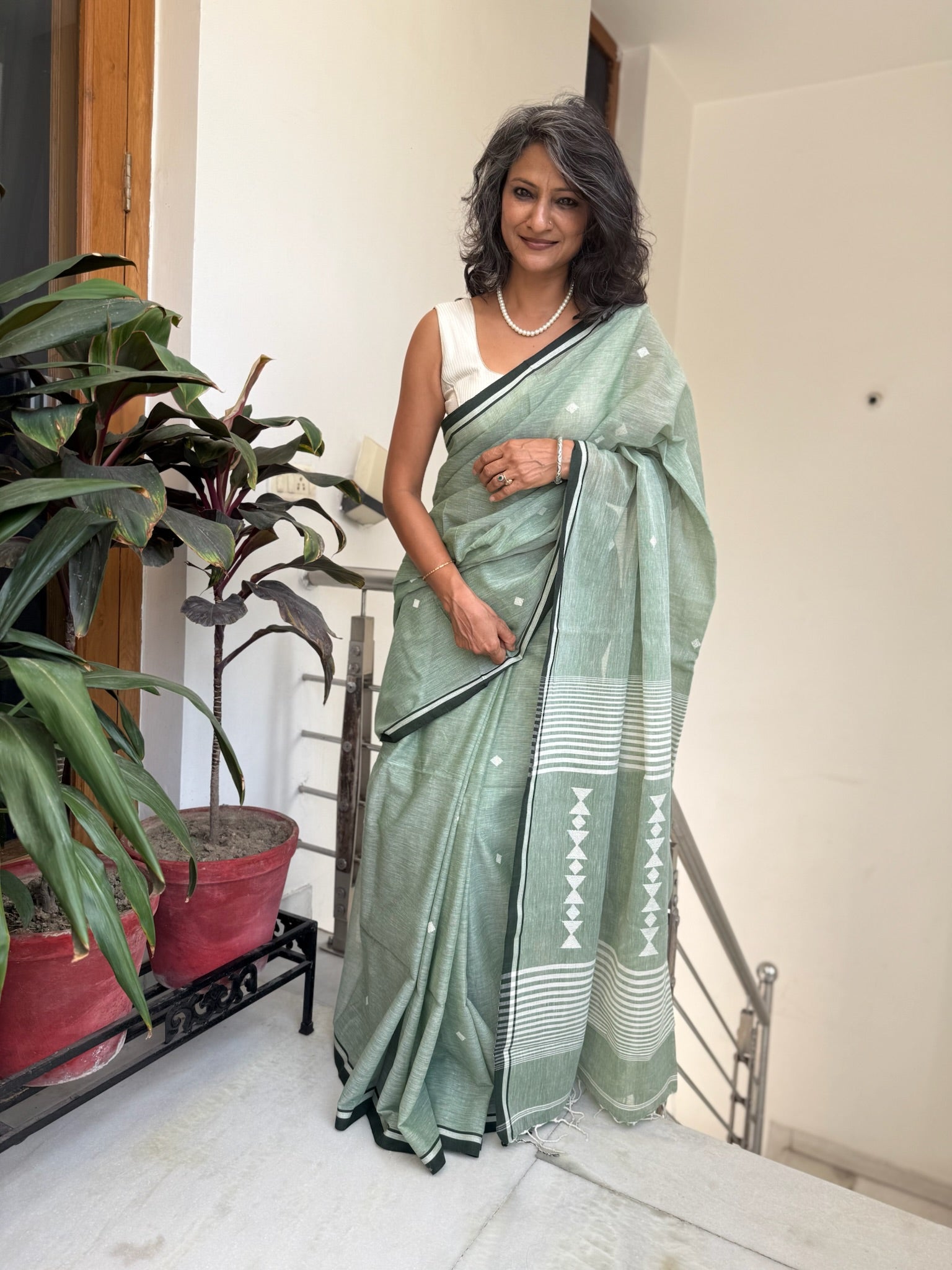Sage Serenity With Ivory Geometry Pure Cotton Jamdani Saree