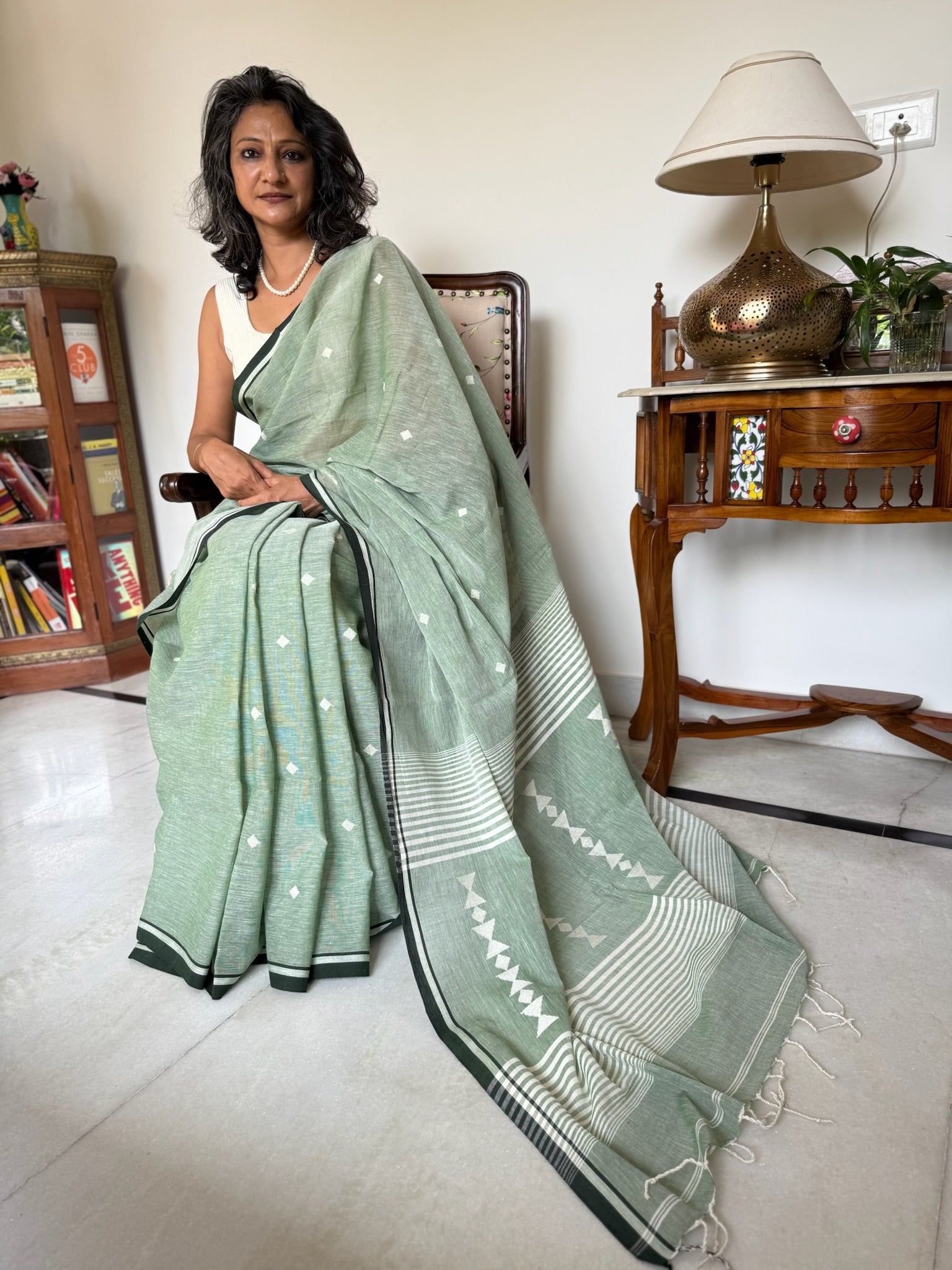 Sage Serenity With Ivory Geometry Pure Cotton Jamdani Saree