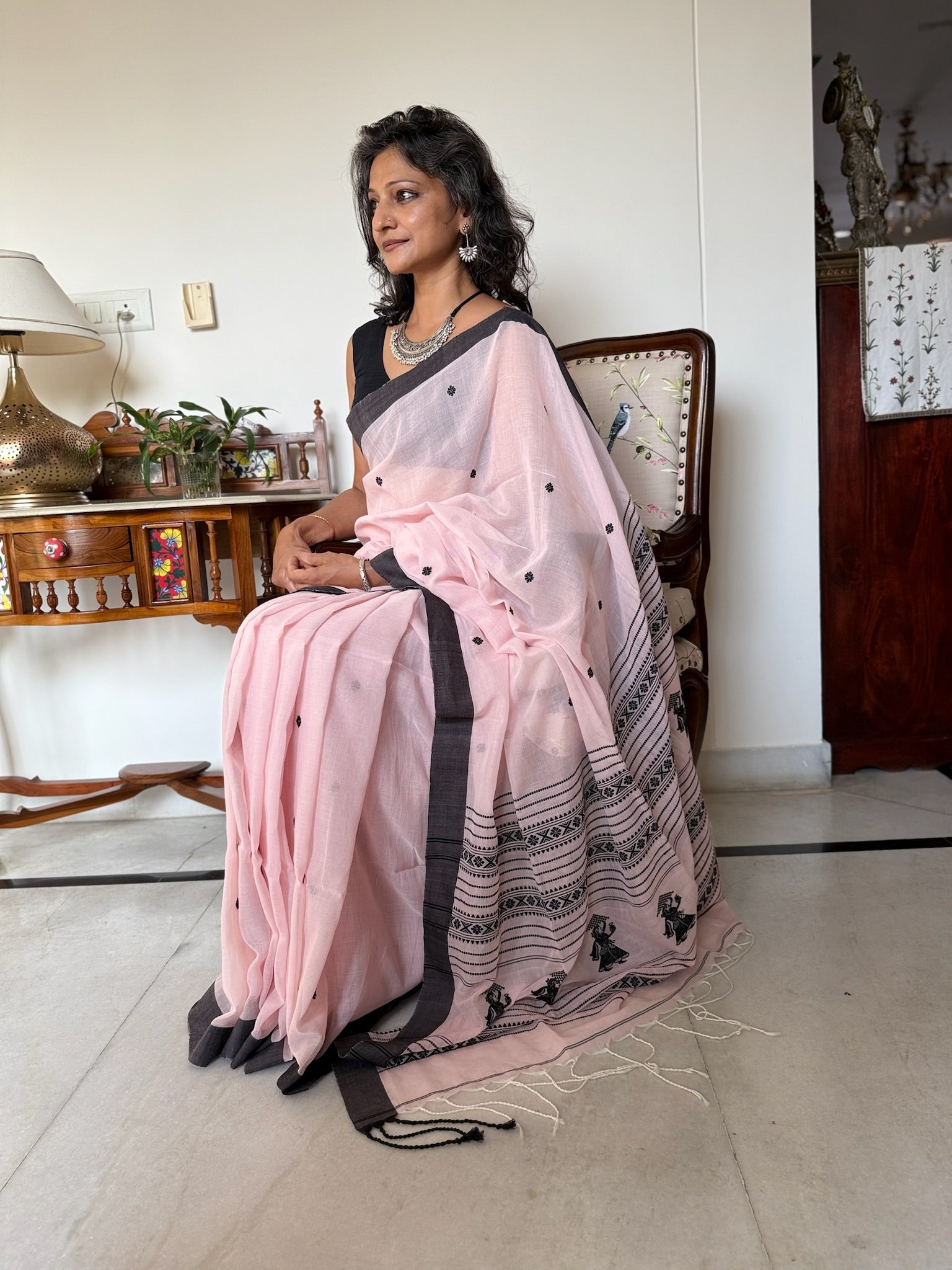 Classic Pink With Black Weaving On Pallu Pure Cotton Saree