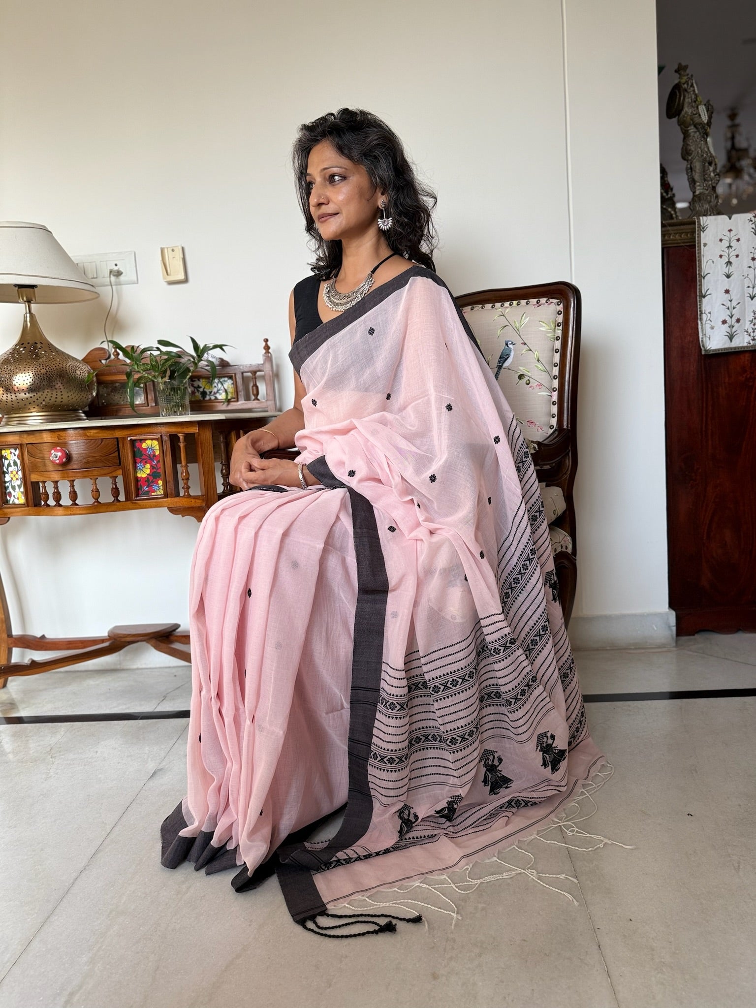 Classic Pink With Black Weaving On Pallu Pure Cotton Saree