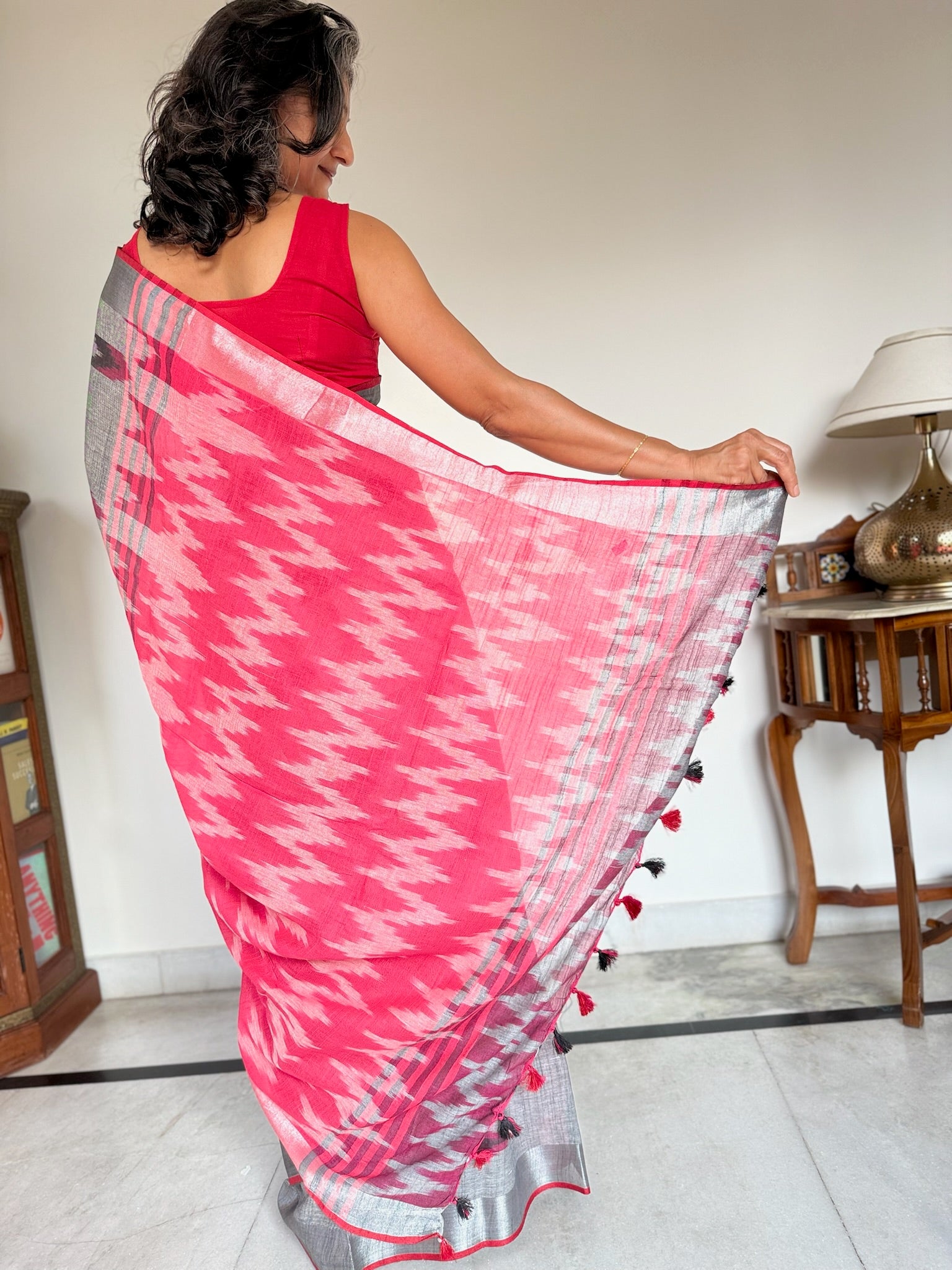 Grey Pink Pure Linen Saree With Silver Zari Border