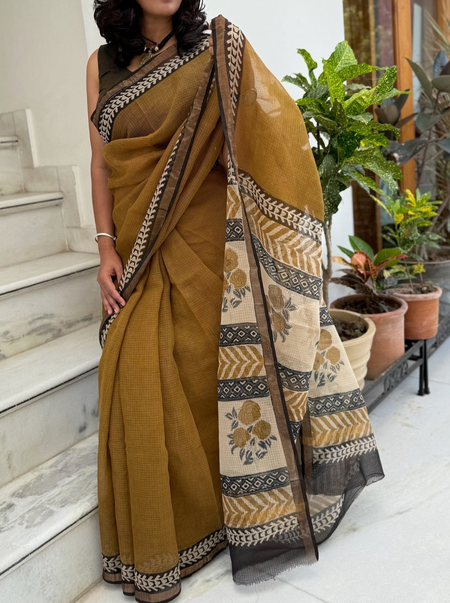Dusky Gold Grace Hand Block Kota Doria Saree