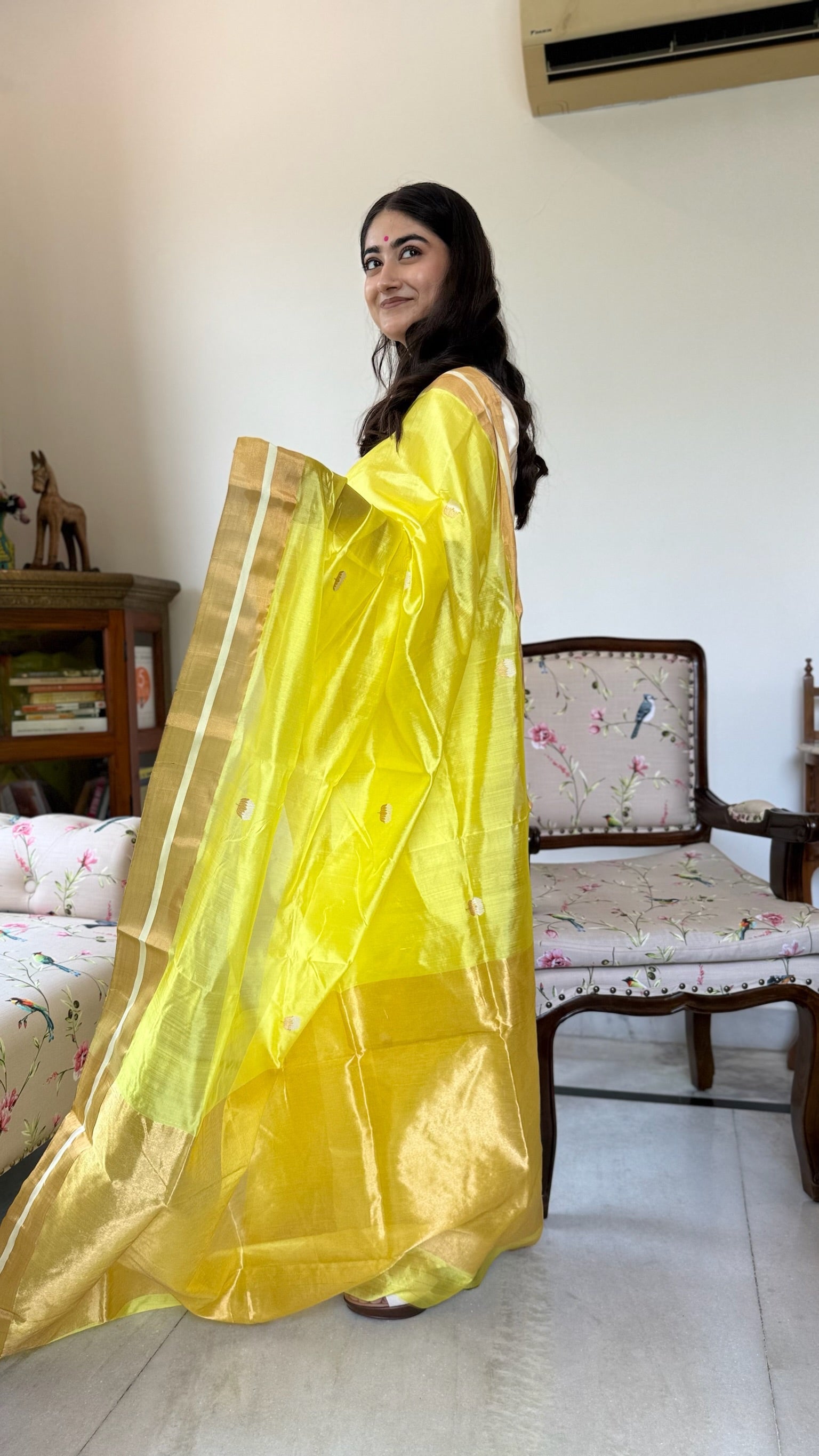 Bright Yellow Handwoven Pure Silk Chanderi Saree