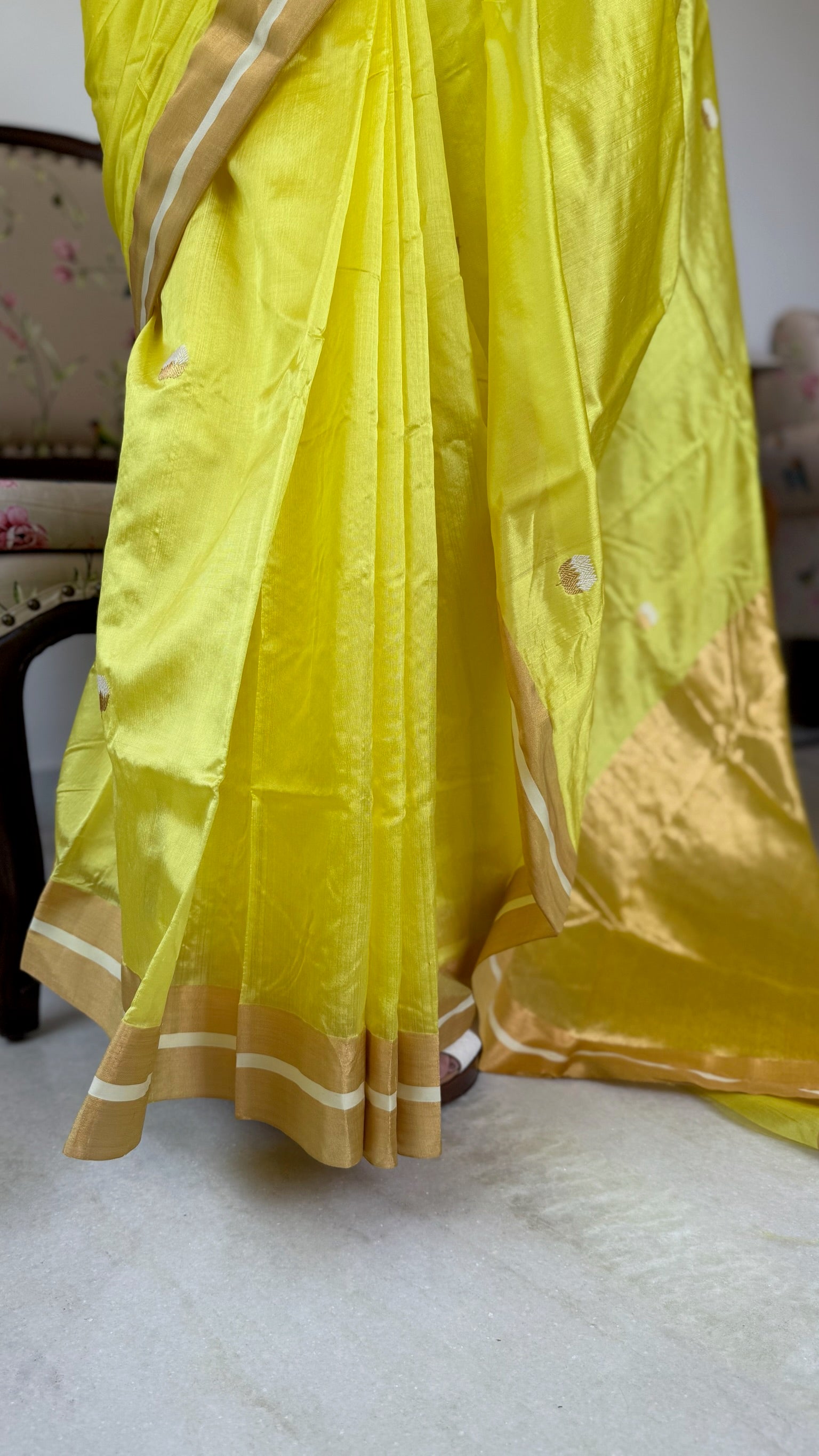 Bright Yellow Handwoven Pure Silk Chanderi Saree
