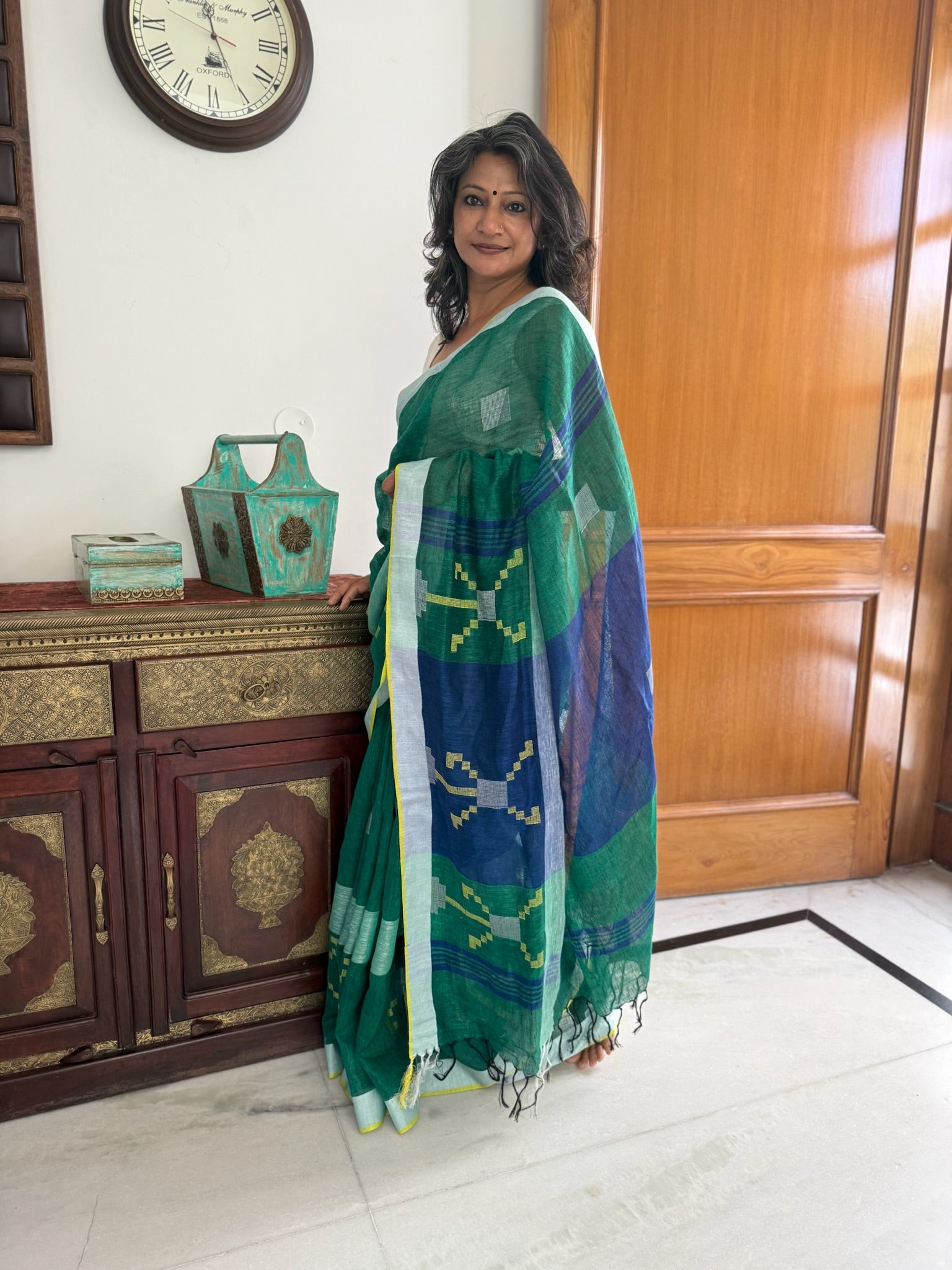 Bottle Green Blue Pure Linen Saree