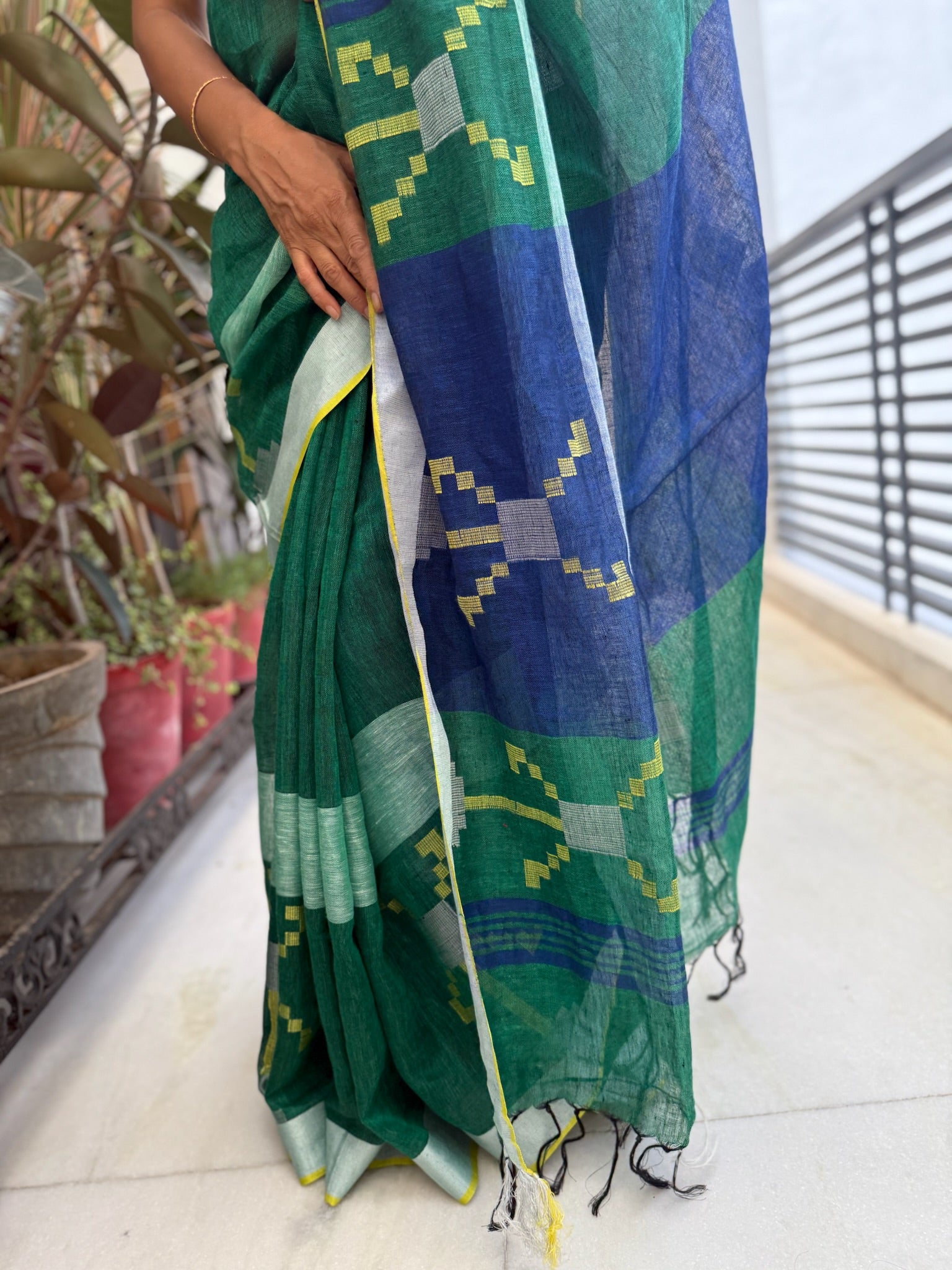 Bottle Green Blue Pure Linen Saree