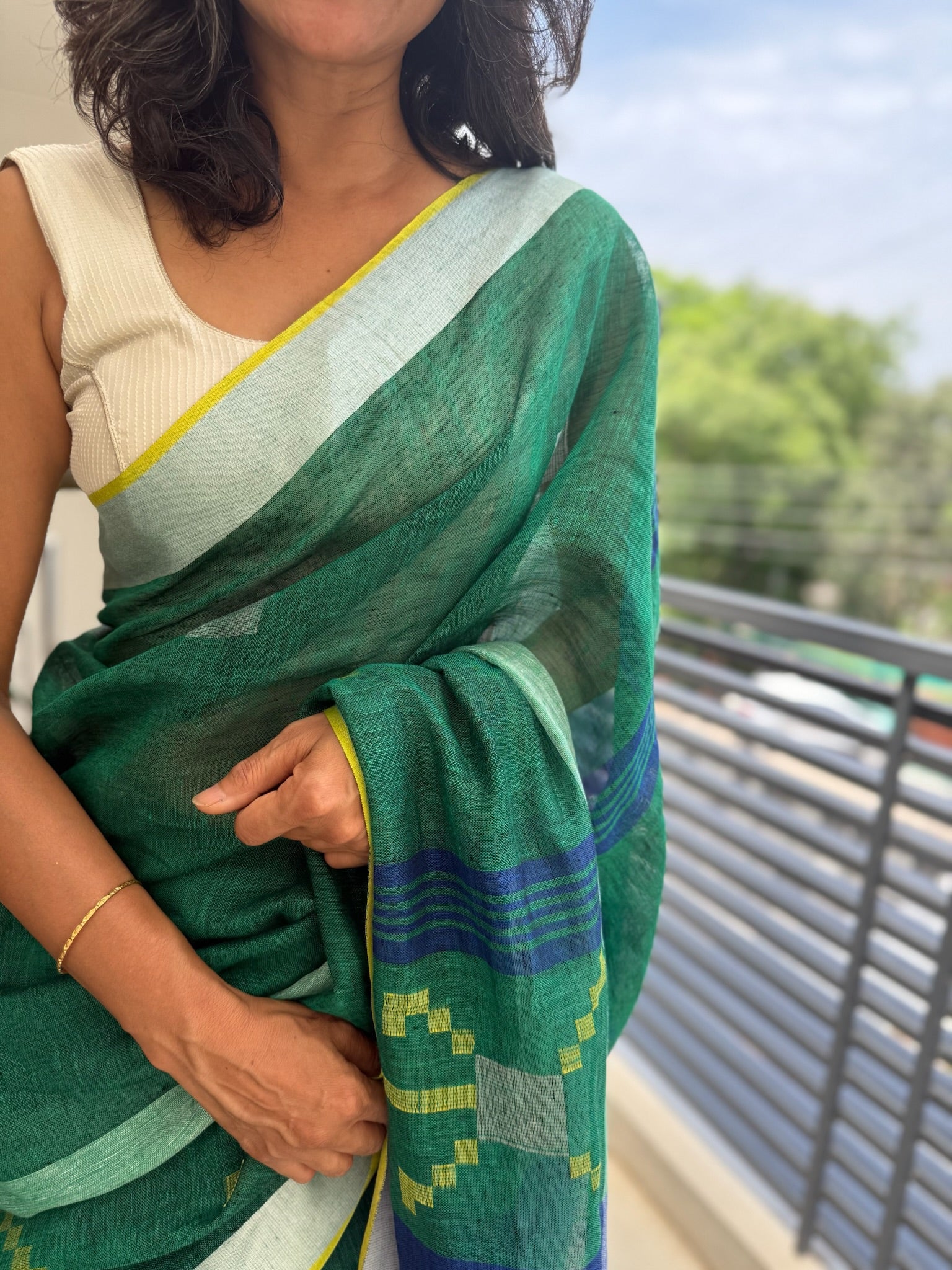 Bottle Green Blue Pure Linen Saree