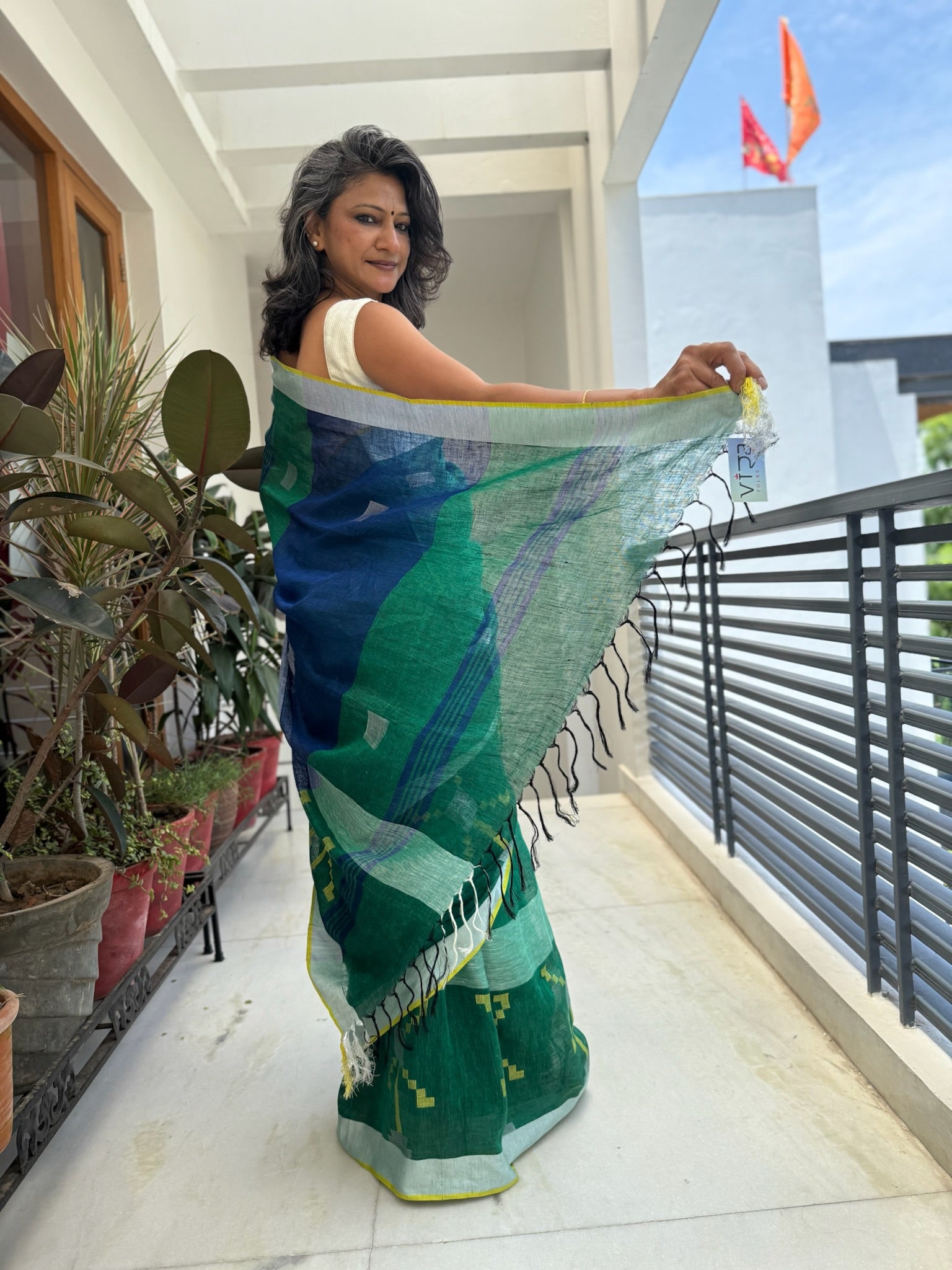 Bottle Green Blue Pure Linen Saree