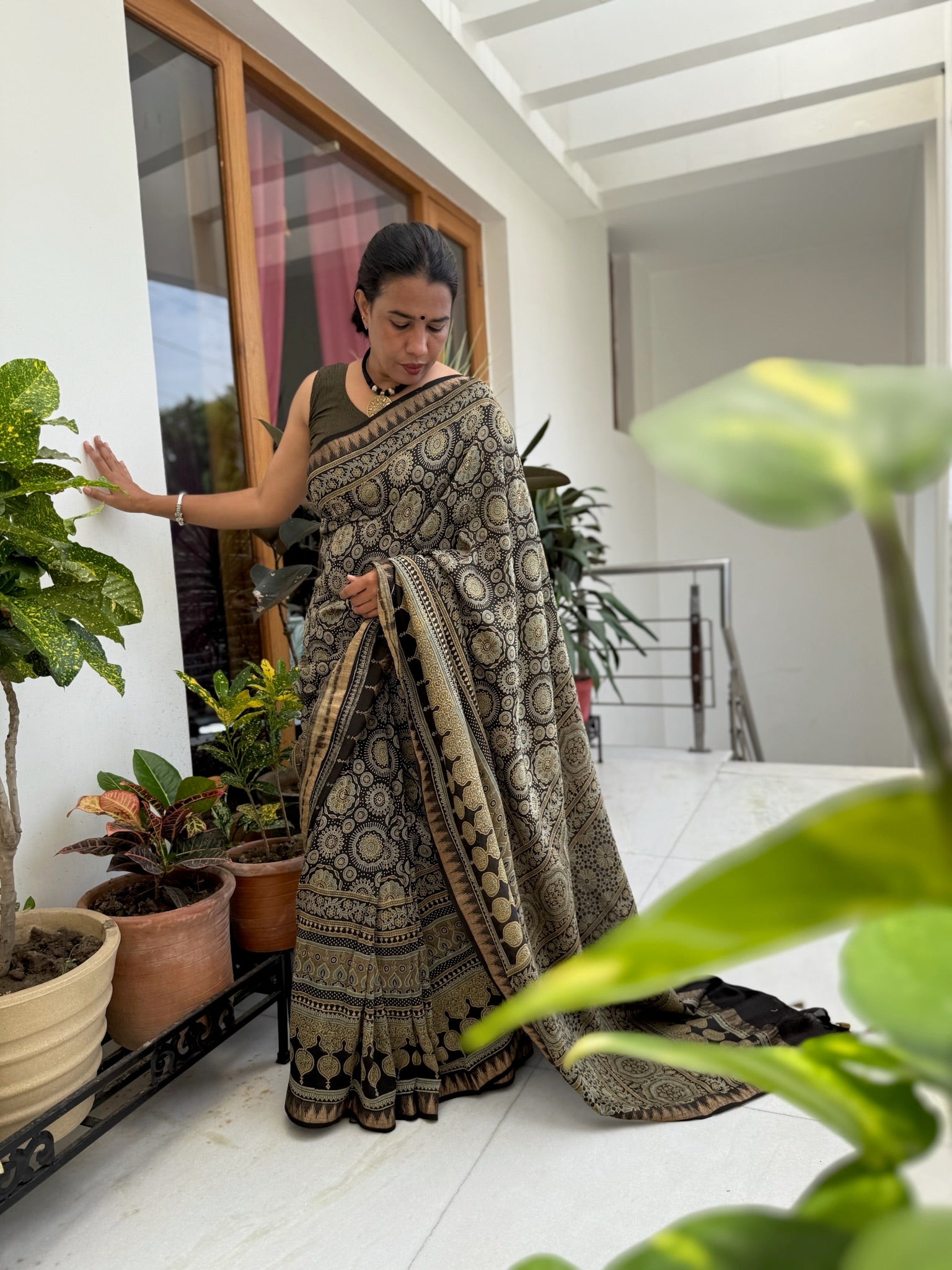 Olive Black Ajrakh Hand Block Cotton Silk Maheshwari Saree