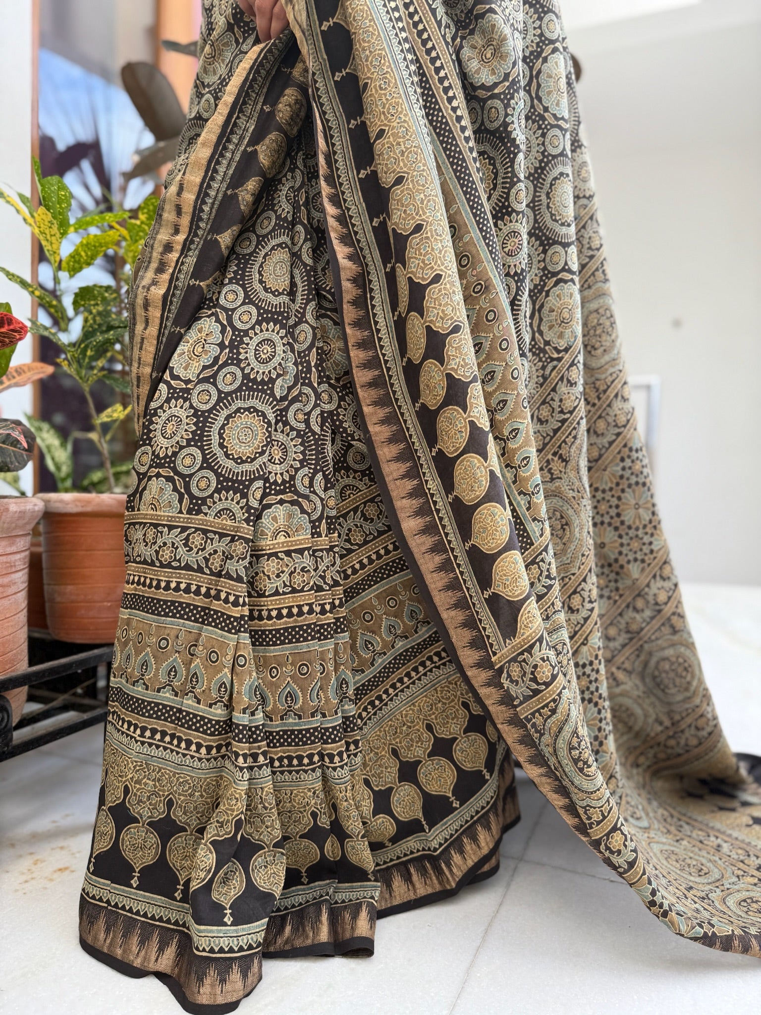 Olive Black Ajrakh Hand Block Cotton Silk Maheshwari Saree